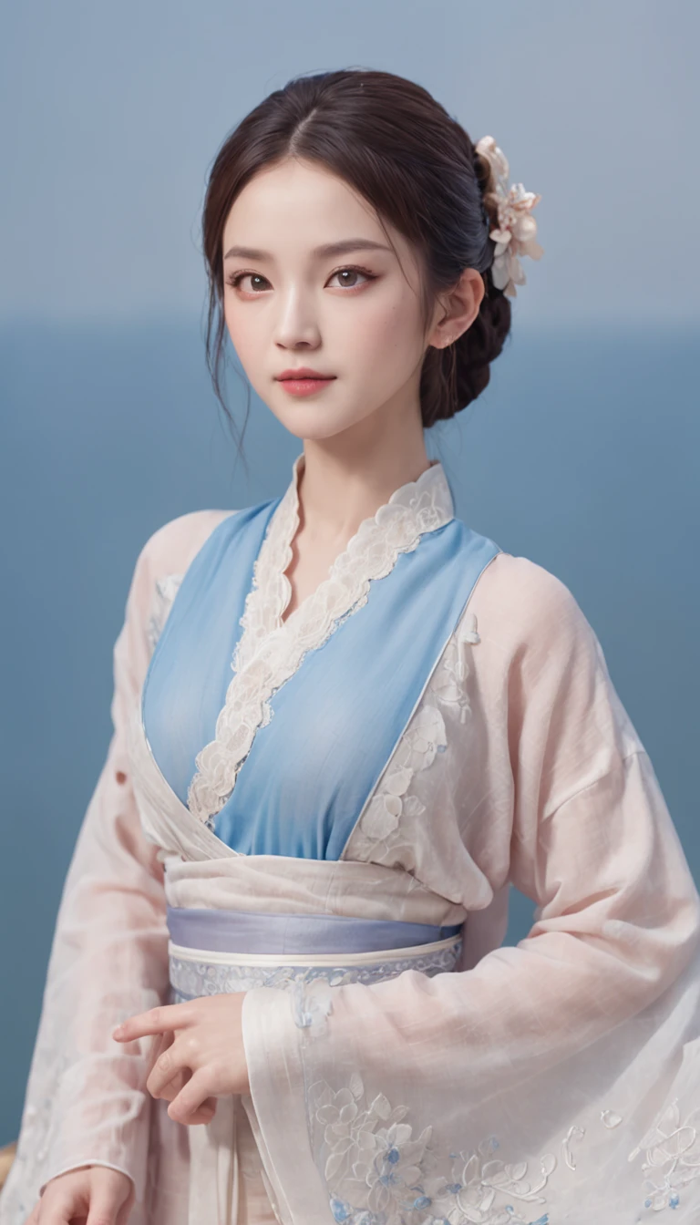 1 beautiful and cute reality show girl, Gentle young girl, Waist length hair, cabelos preto e longos,Slightly blue, Light blue eyes, wearing a long, Thin, a blue dress,Hanfu style, ((a blue dress,White lace border covers the girl's:0.8)), Style Hanfu, Wearing an ancient Chinese silk shirt, Pink and smooth white skin, Dressed in low-key antiques, Oday, appears shoulders and head in the photo,Cute little face, Eye bags under wet makeup, Plump red lips, Pout, ((Closed mouth:1.0)), Balance incisors, Embarrassed, Small face makeup explained,Tremendously beautiful, Breasts are super round and firm, Breasts are plump,A plump chest, Blum chest cabinet, ((Cover the girl's chest with a camisole inside:1.2)), Blush, From the front side, Wear earrings, choker necklace, From above, view the viewer, Upturned eyes, Masterpiece, Top quality, Best quality, offcial art, Unity 8k wallpaper, A high resolution, Ultra-high RES, Ultra-detailed, (Photorealistic:1.2), Alone, Solo, only 1girl, Style Hanfu Dunhuang, 10x pixel, Super realistic, Ultra high quality, Full body view of girl, Seven-doppelganger shot,
