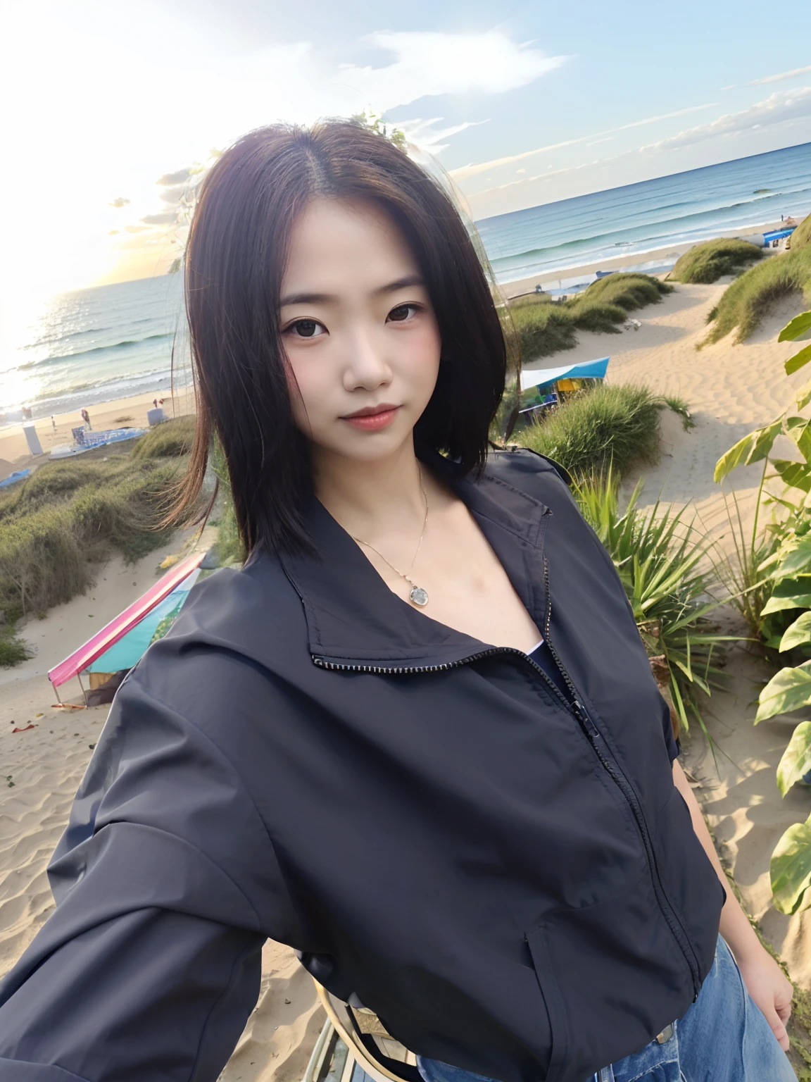 (Character background change:1.1)。(rays of sunshine)。(sandbeach)