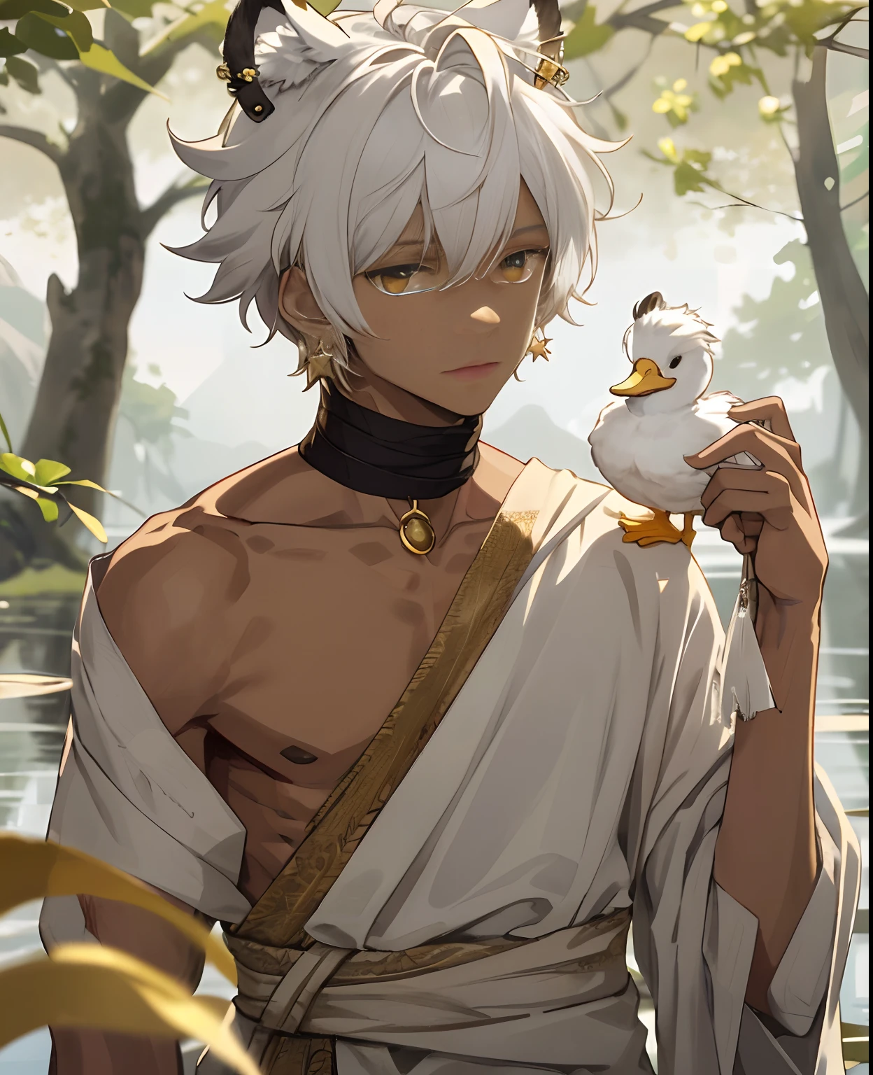 (tmasterpiece,Best quality at best,high high quality),1boys,with brown skin,((unfazed by)),sitted,looking at viewert,White hair,(short detailed hair,messy hair),yellow-eyed,:(,floated hair,A small braid,Star earrings on the right,Duckling on the shoulder,ponds,A bandage wrapped around the chest,A bandage is wrapped around the neck,There is only one duck,White tiger ears