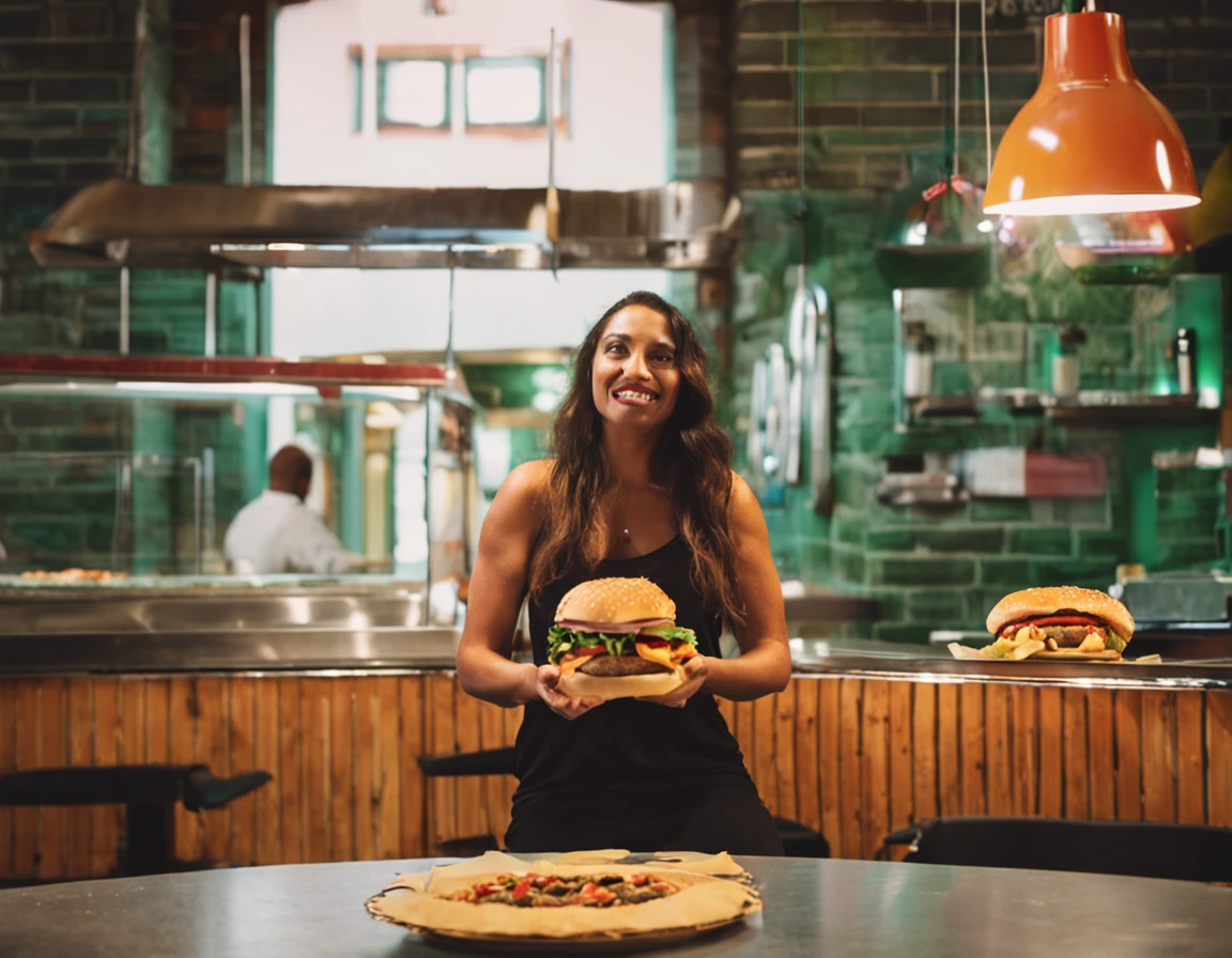 Capture a luta interior: uma mulher de meia-idade, apreensiva, Facing a choice between eating healthy or giving in to cravings, with burgers and pizza in front of you."