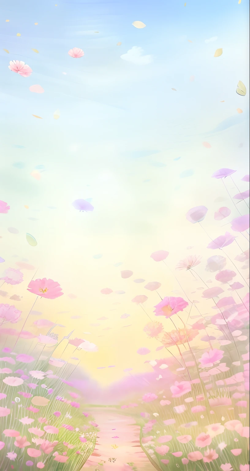 There is a painting of a field of flowers with a pink umbrella, fundo pastel, fundo florido pastel, campo de fundo das flores, Directed by: Eizan Kikukawa, pastel background, fundo da flor, arte de fundo do anime, Fundo do anime, Primavera da Europa, papel de parede florido, fundo floral sonhador, petals of pastel flowers flying, magic background, arte simples pastel, floral painted backdrop