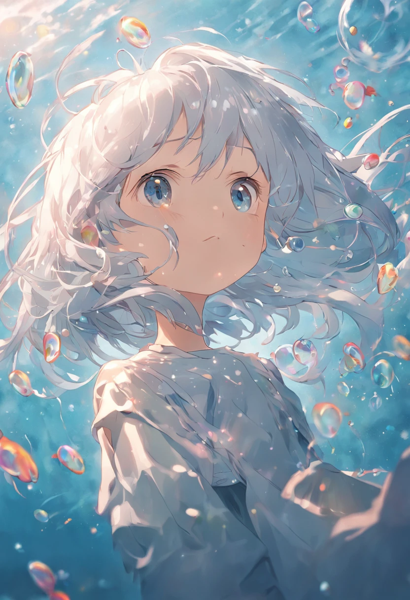Undersea juvenile silver-haired shell house,Girl with short white hair,Flying strands of hair,Colorful bubbles,A plant,Sparkling,ocean floor,( reasonable design, Clear lines, High sharpness,Best quality, Very detailed, Masterpiece, movie light effect, 4K )