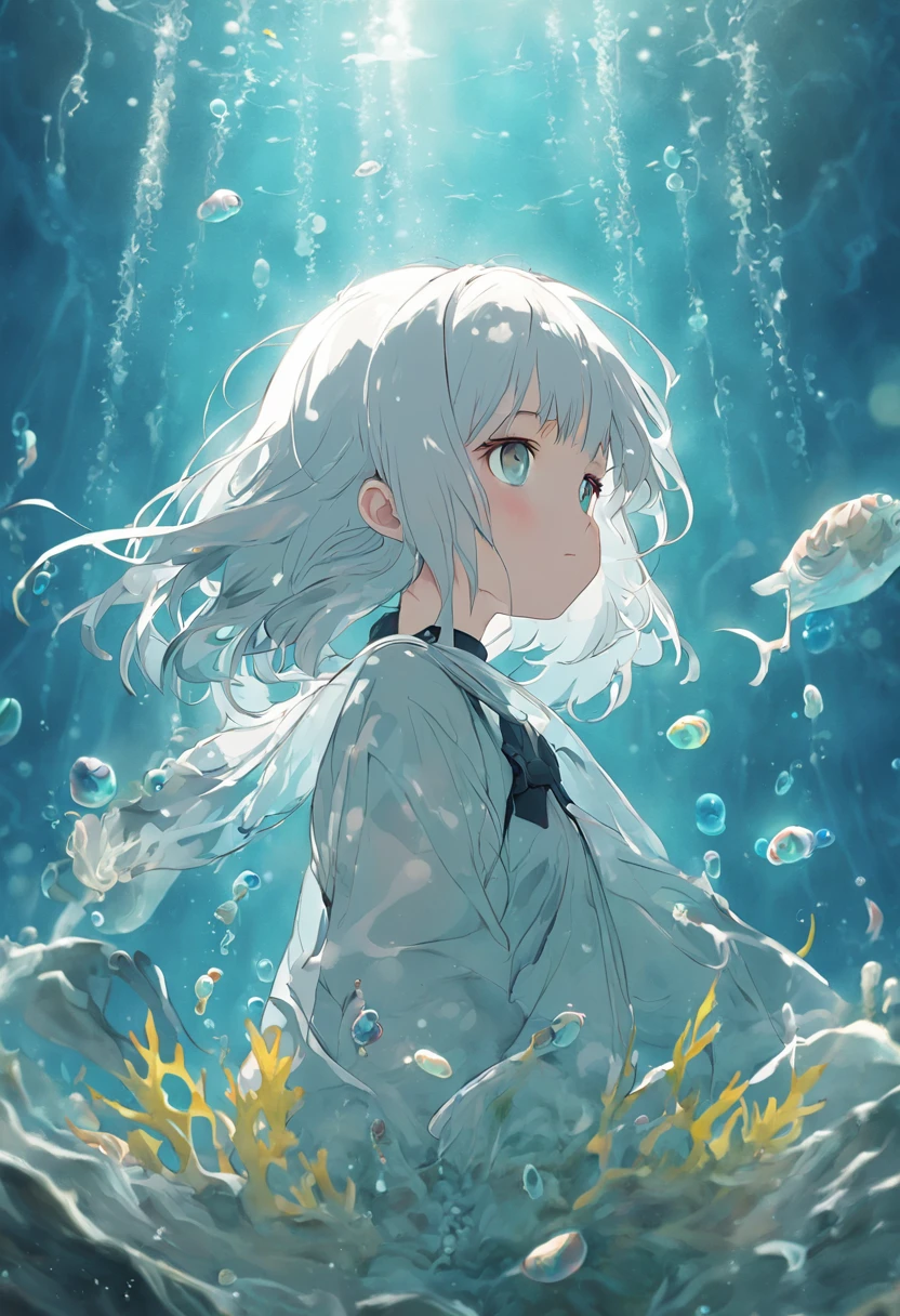 Undersea juvenile silver-haired shell house,Girl with short white hair,Flying strands of hair,Colorful bubbles,A plant,Sparkling,ocean floor,( reasonable design, Clear lines, High sharpness,Best quality, Very detailed, Masterpiece, movie light effect, 4K )