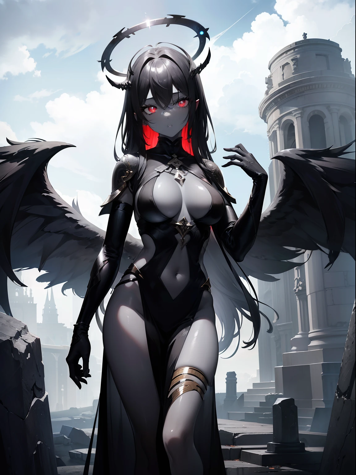 (Masterpiece, Best Quality, Ultra High Resolution),1girl,((colored skin,gray skin)), beautiful and detailed face, detailed eyes,black hair,black wings, red eyes, spiral-shaped pupils,black halo,standing on a stone pillar, cloudy sky,