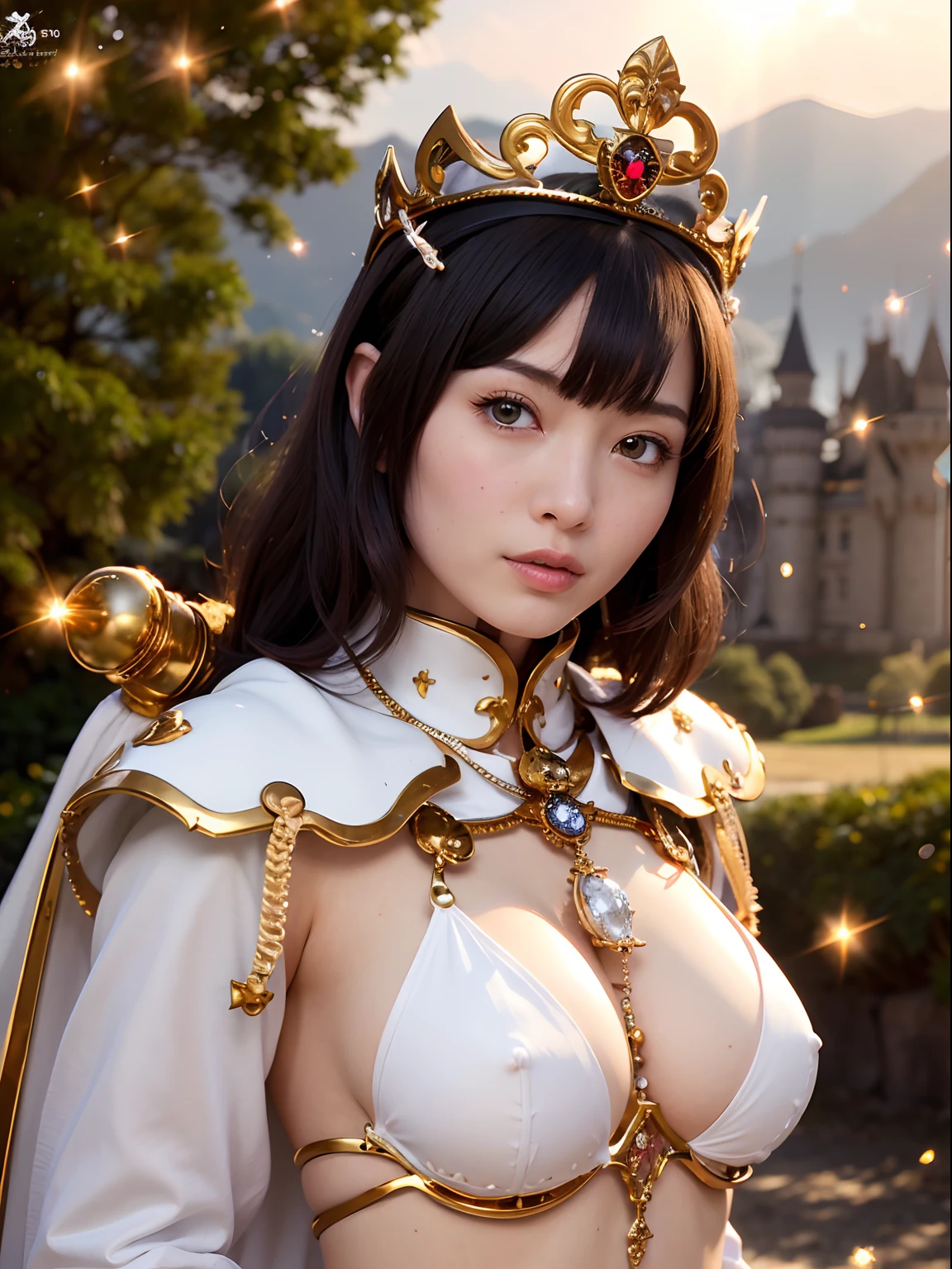 (masutepiece), Professional , ​masterpiece、top-quality、photos realistic , depth of fields （Gemstone Silver Metal Body:1.９),(Matte White、Particles of light、Jewel Gold Weapon、（Gorgeous castle background）、（White Micro Bikini）（Jewel Metal Body:1.４),（Gorgeous Jewel Metal Weapons） , Detailed Sword of the Brave ,（ The dragon）   ,warhammer 40k , adepta sororitas,Detail and ornate jewel crown、独奏、Black hair、（Gangle's forest background）、Beautiful Caucasian beauty、１a person、dynamic ungle,(((Diamond tiara with detail and luxury)))、a small face、A smile、Powerful poses、（Gorgeous castle background）、huge-breasted、20 year old beautiful woman、Stand in the center of the screen、Thin female fingers、Smaller head、Glamorous body、Beautiful ass、