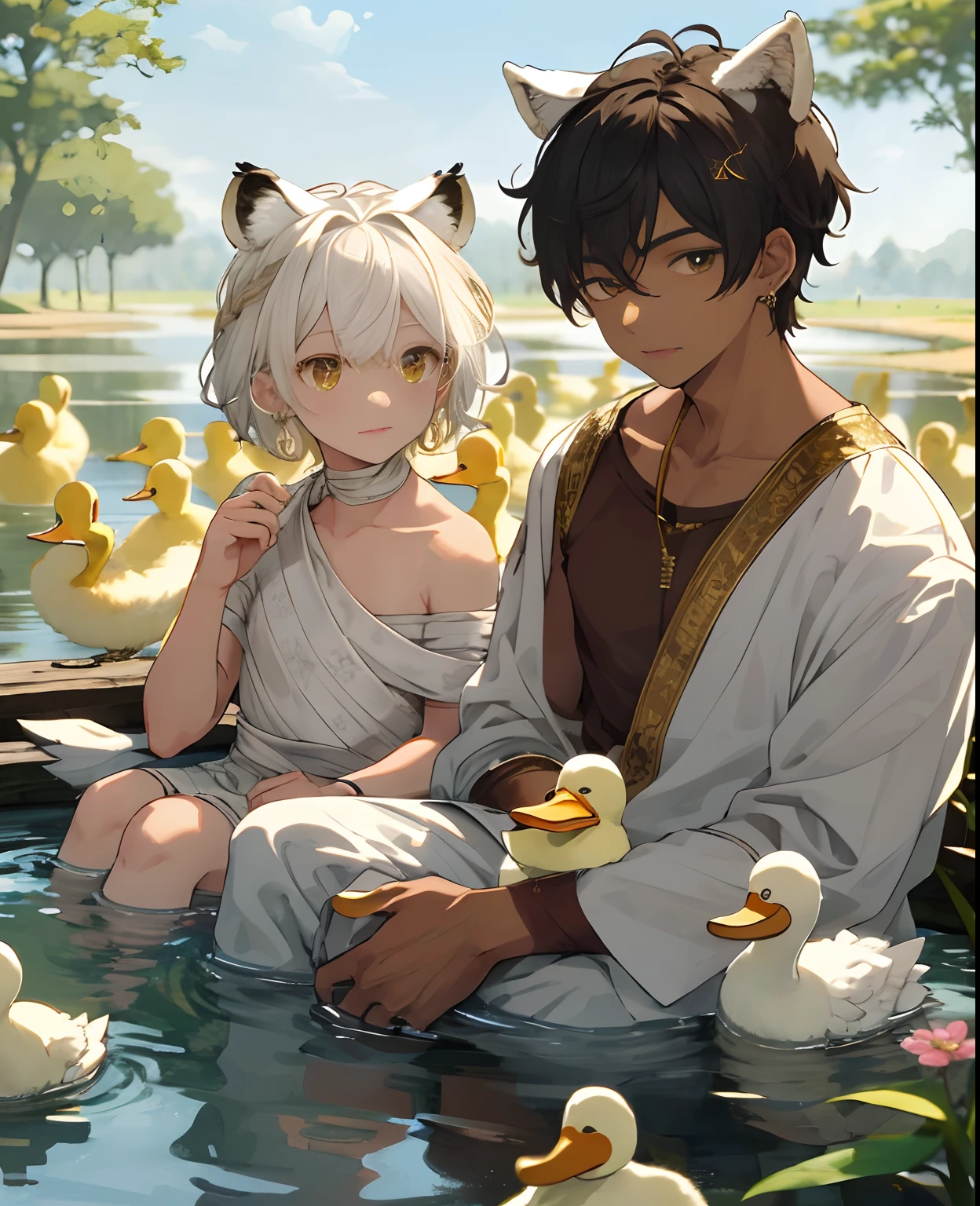 （tmasterpiece，Best quality at best，high high quality），1boys，with brown skin，（（unfazed by）），sitted，looking at viewert，White hair，（short detailed hair，messy  hair），yellow-eyed，:(，floated hair，A small braid，Star earrings on the right，Duckling on the shoulder，ponds，A bandage wrapped around the chest，A bandage is wrapped around the neck，There is only one duck，White tiger ears