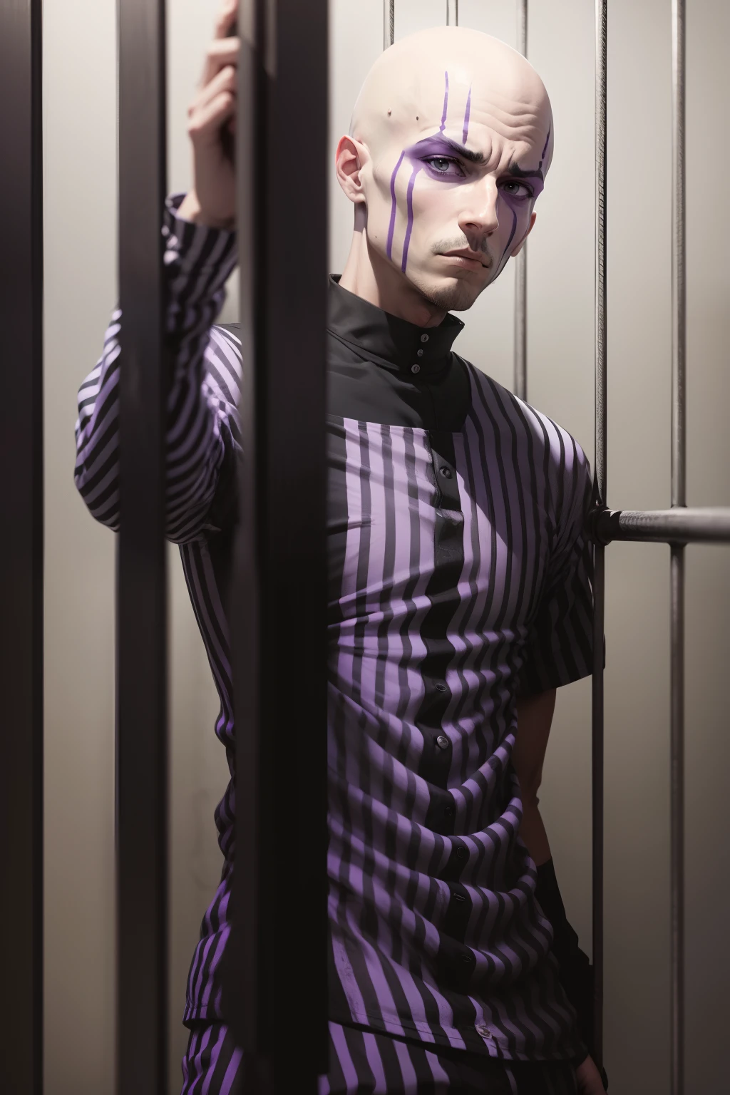 Black and white striped prisoner clothes,bald-headed,Purple skin,Thin,behind bars,black andwhite