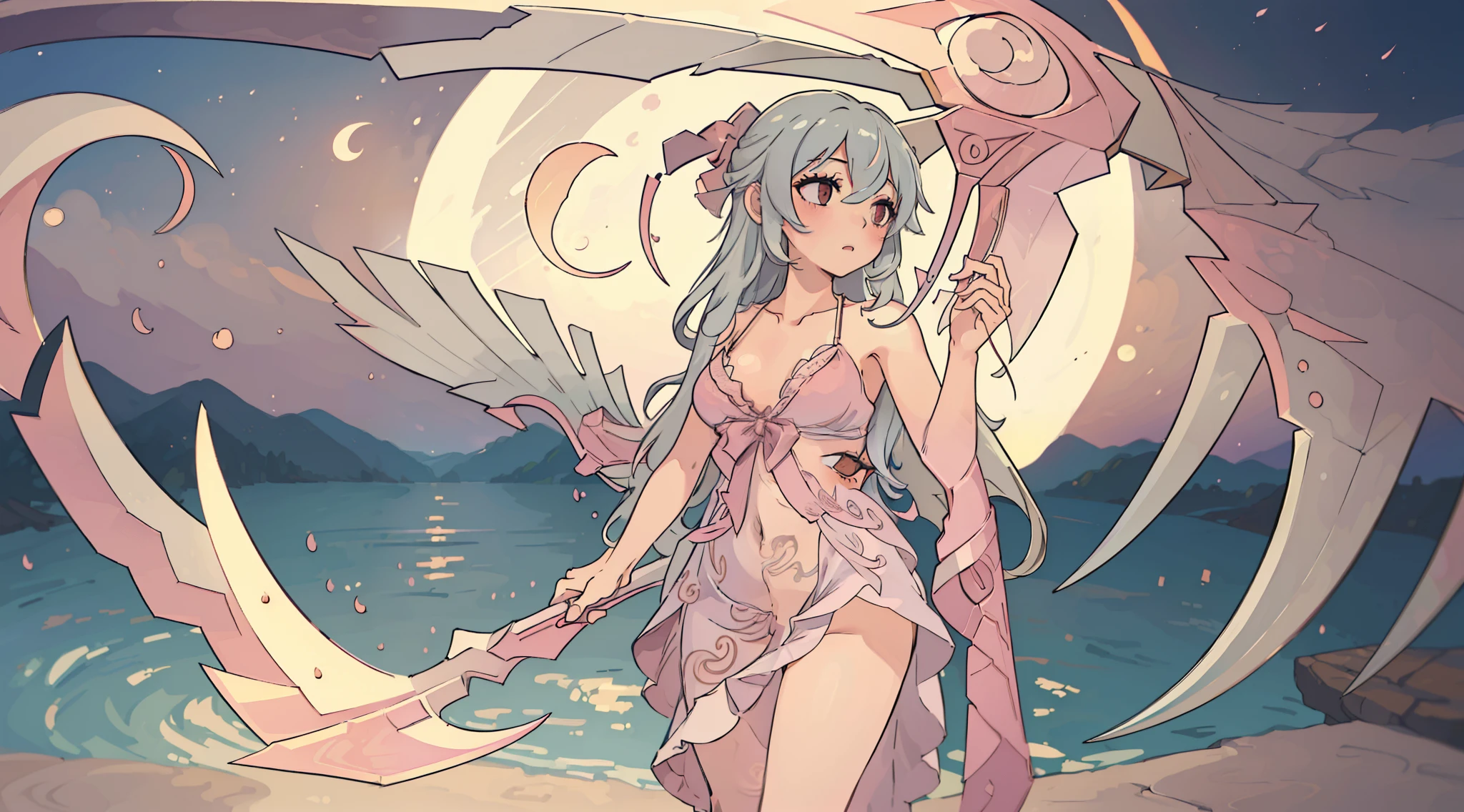 ((Best quality)), ((Masterpiece)), ((Ultra-detailed)), (illustration), (Detailed light), (An extremely delicate and beautiful), Dramatic perspective,A charming young girl,Pink swimsuit,(((Holding a large half-moon-shaped scythe)))