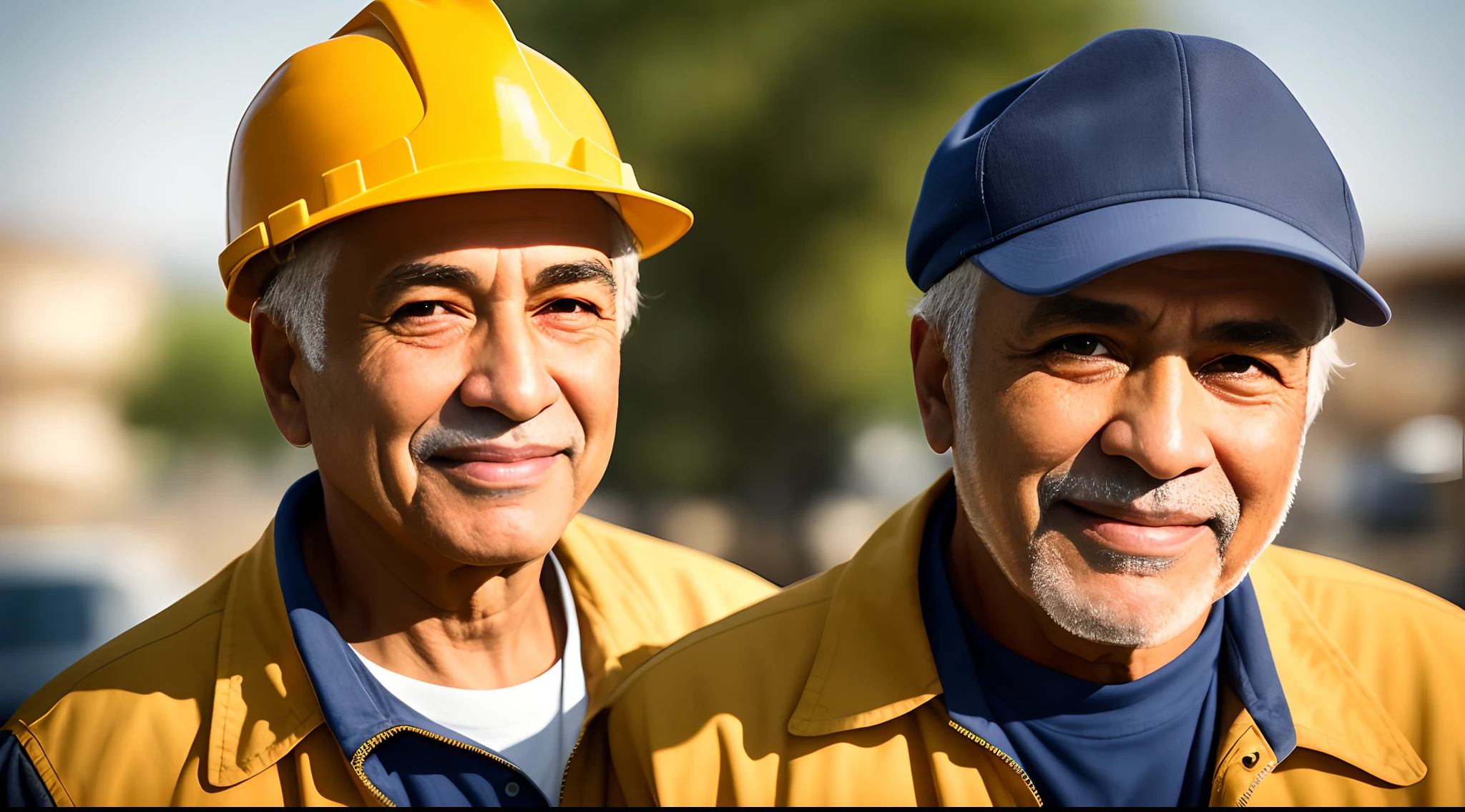 Instagram photo, full body closeup face photo of 58 y.o man  Pakistani face, embracing him role as a construction worker, beautiful face, him warm smile contrasting with her rugged attire, portraying strength as a construction worker, Sony A6400 with 16-50mm f/3.5-5.6 lens, balanced outdoor light, lifestyle photography. bokeh, motion blur