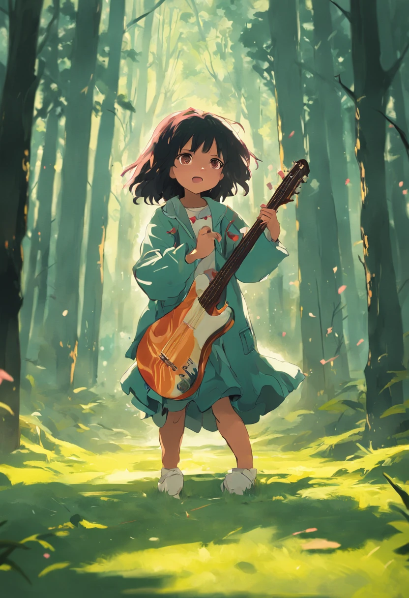 menina de 5 anos, cabelo longo, liso e preto, olhos brilhantes, utilizando roupas camponesa, Playing guitar in the forest, poses and facil axpressions, squeeze of joy, Pintura SNES