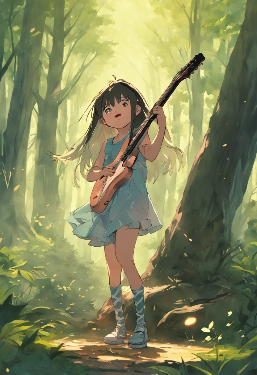de 5 anos, cabelo longo, liso e preto, olhos brilhantes, utilizando roupas camponesa, Playing guitar in the forest, poses and facil axpressions, squeeze of joy, Pintura SNES