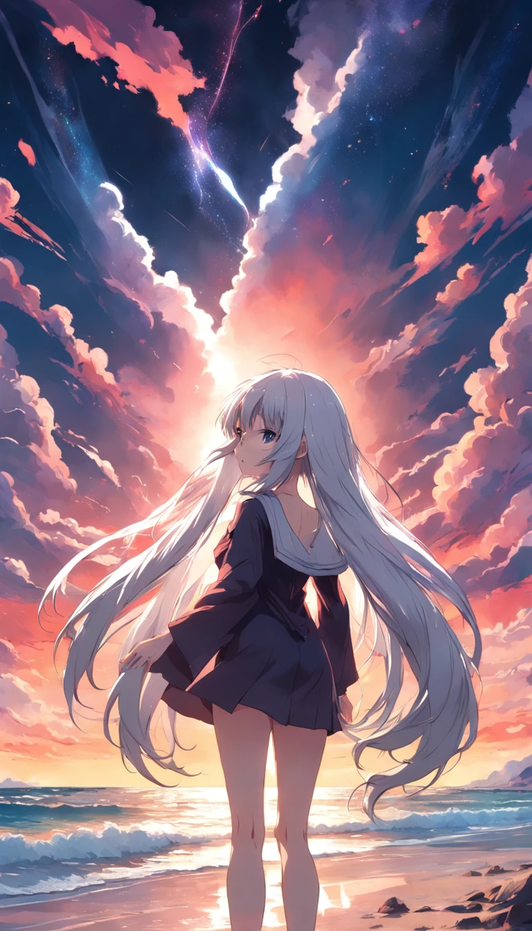 Beach,Look up,long white hair,Dark
