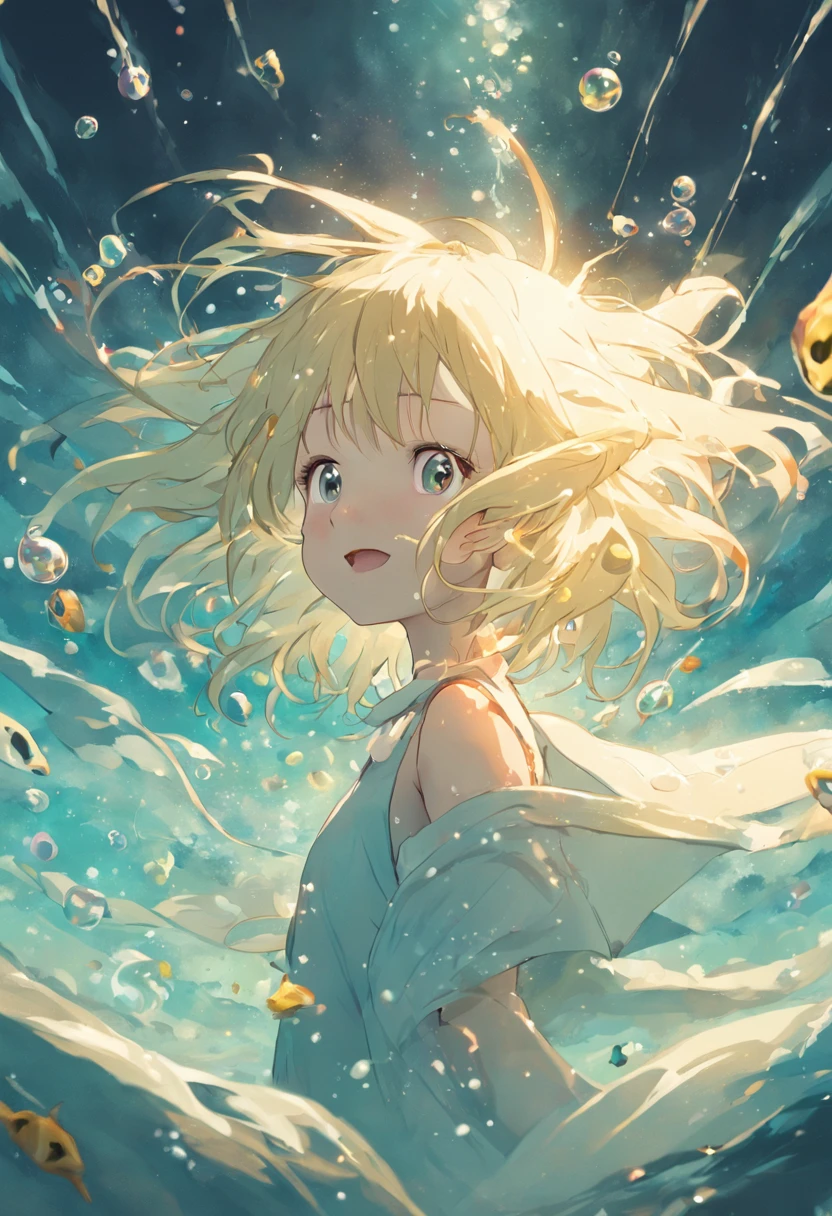 Undersea juvenile silver-haired shell house, Girl with short white hair, Flying strands of hair, Colorful bubbles, A plant, Sparkling, ocean floor ( reasonable design, Clear lines, High sharpness, Best quality, Very detailed, Masterpiece, movie light effect, 4K ) Woman, solo, long hair, smile, under breasts, gold blonde hair, hair straight messy, frizzy hair, yellow gold colored eyes, full-body, horse ears
