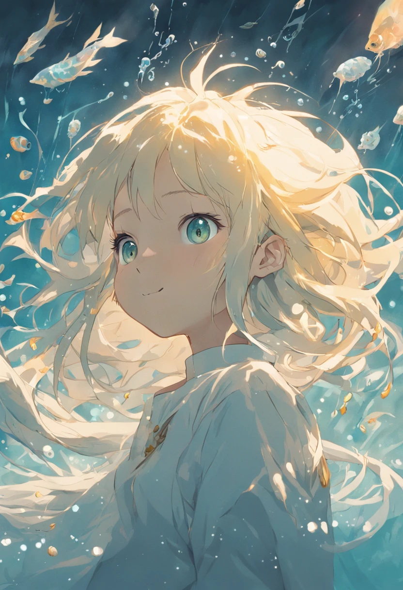 Undersea juvenile silver-haired shell house， Girl with short white hair， Flying strands of hair， Colorful bubbles， A plant， Sparkling， ocean floor ( reasonable design, Clear lines, High sharpness, Best quality, Very detailed, Masterpiece, movie light effect, 4K )  Woman, solo, long hair, smile, under breasts, gold blonde hair, hair straight messy, frizzy hair, yellow gold colored eyes, full-body, horse ears
