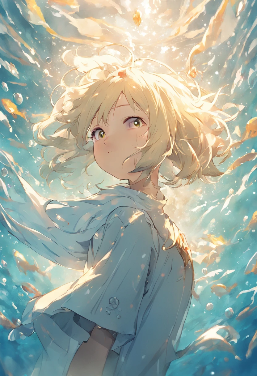 Undersea juvenile silver-haired shell house， Girl with short white hair， Flying strands of hair， Colorful bubbles， A plant， Sparkling， ocean floor ( reasonable design, Clear lines, High sharpness, Best quality, Very detailed, Masterpiece, movie light effect, 4K )  Woman, solo, long hair, smile, under breasts, gold blonde hair, hair straight messy, frizzy hair, yellow gold colored eyes, full-body, horse ears