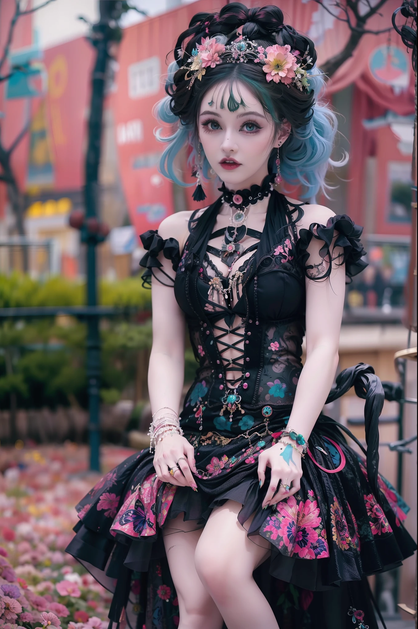 En un hermoso parque una mujer de aspecto moderno. It has a very colorful and striking kawaii gothic style.., con un maquillaje elegante y una peluca colorida.