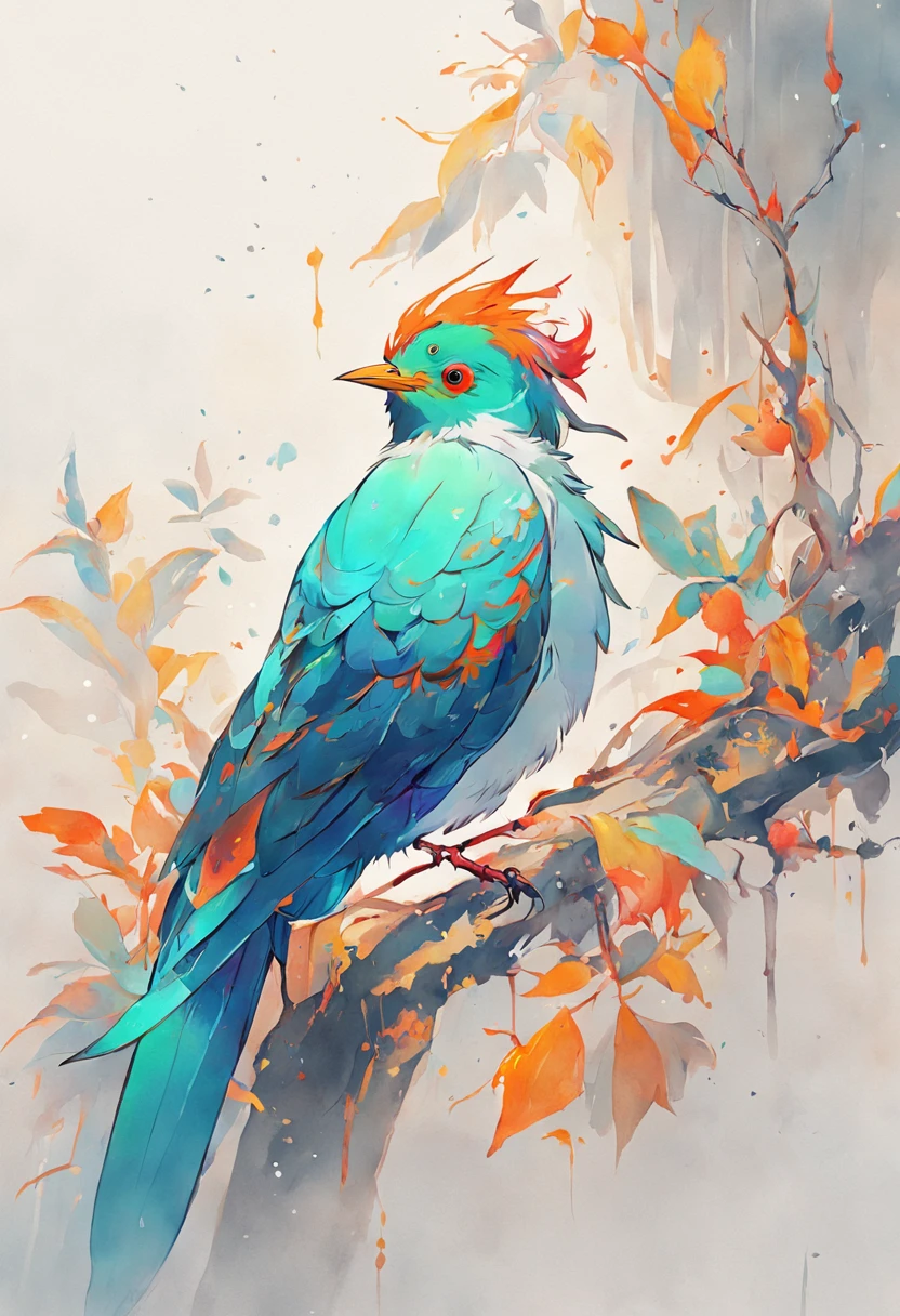 bright colored bird sitting on branch with white background, colorful bird with a long, colorido em azul-marinho e laranja, surrealistic bird, a surrealistic bird, anthropomorphic bird, arte de linha colorida, standing bird, the bird is wearing a bow tie, Quetzal, inspirado em Charles Bird King, pintado com cor no branco, pintado em aquarelas brilhantes