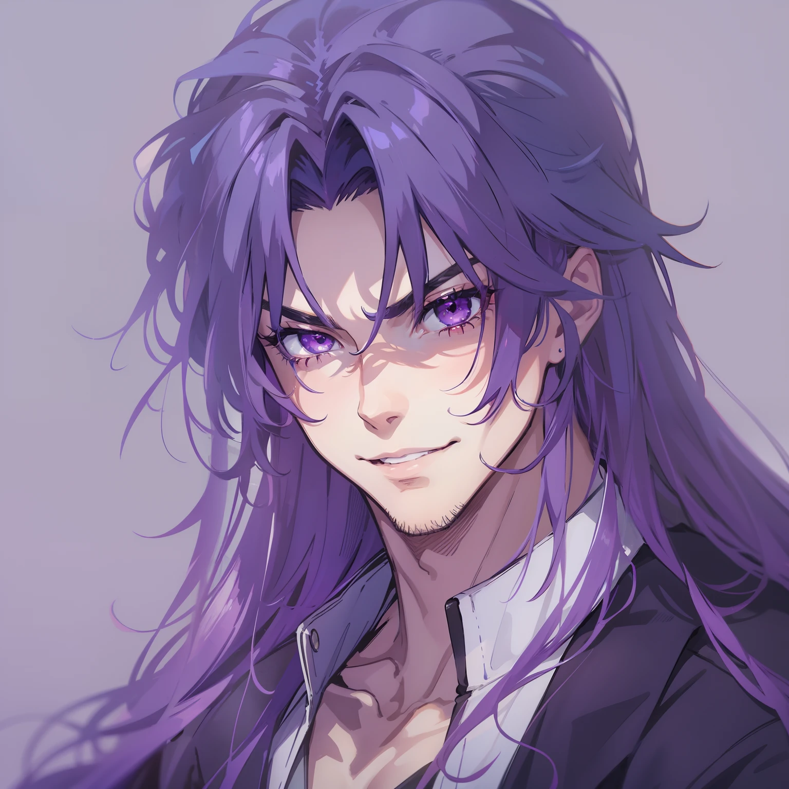 Man, seductive, calm, teasing gaze, wicked smile, long purple hair, purple eyes, young man, lord, Duke, anime