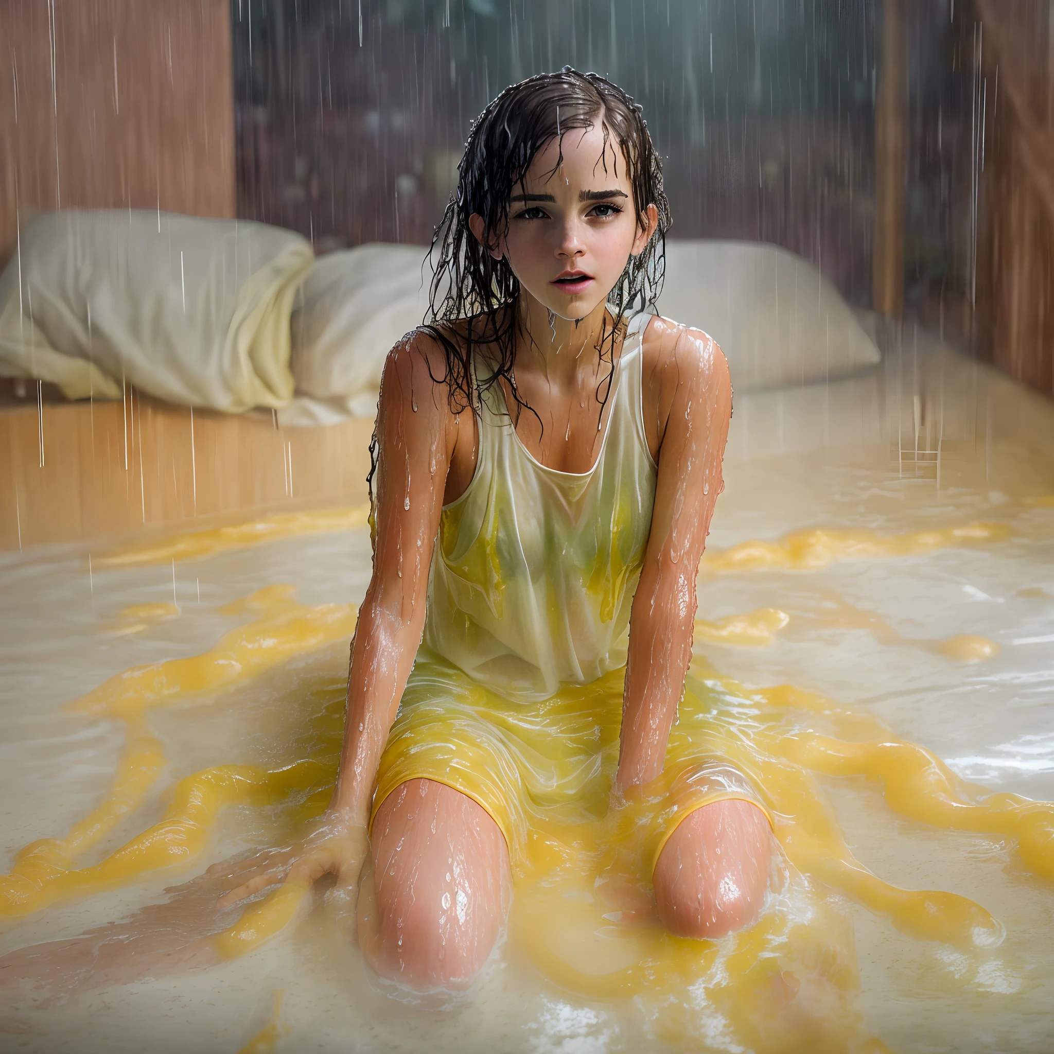 (wet rain, wet by rain, wet body:1.3), whole body,pool, sunset, very long white transparent nightgown, in bed, wet spots, squatting, nudity, emma watson, a large amount of  yellow cloudy liquid on comming from the crotch, cloudy yellow liquid all over the body