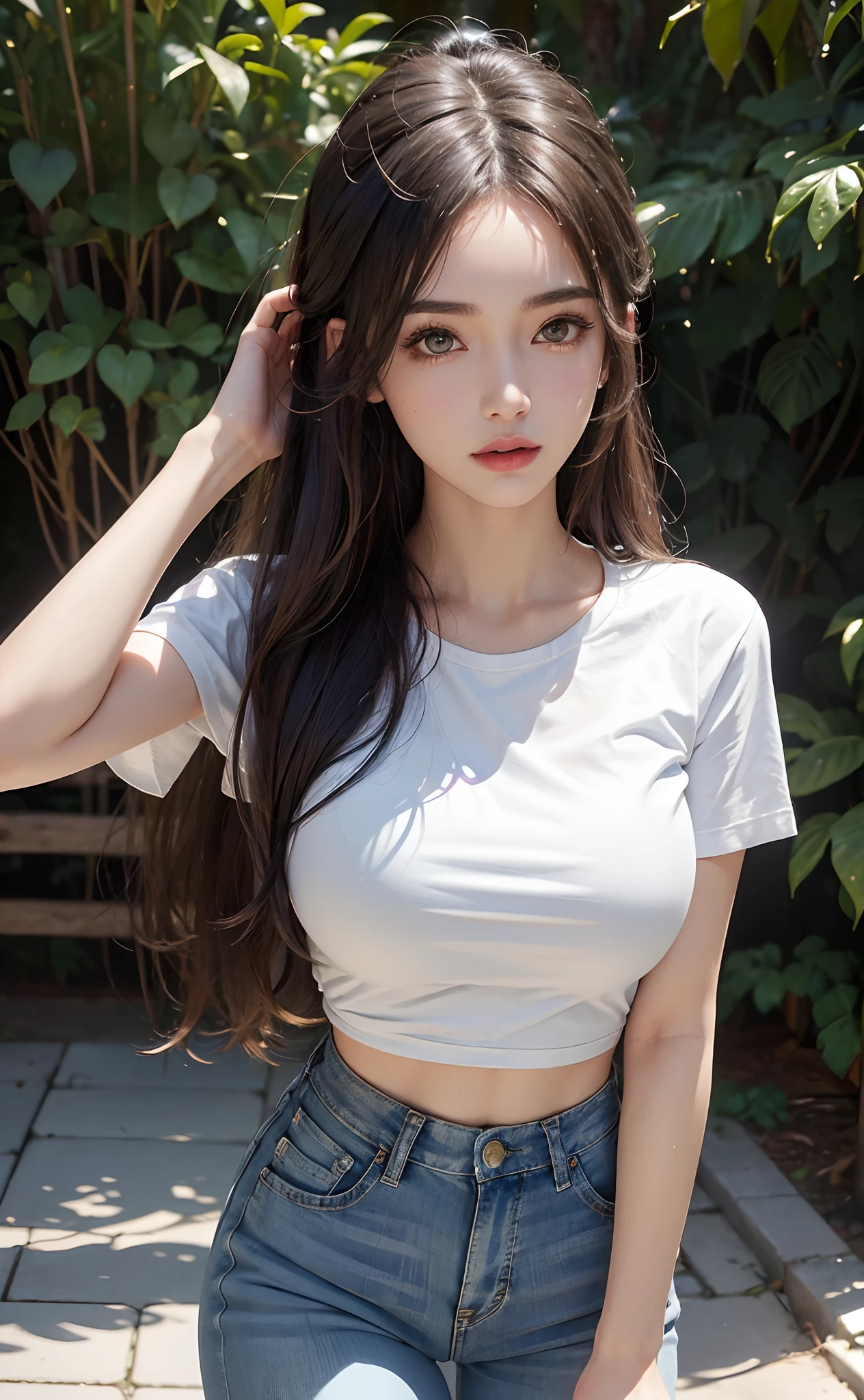 (Best quality, 8k, Masterpiece :1.3), (realistic, photorealistic: 1.37), (1girl), (Pretty woman in her 20s), (slim), (emphasizing slender abs :1.3), (Japanese), (loose white shirt, tight jean shorts that accentuate her big buttocks), (random pose), (wet body), (long hair, random hairstyle), (large breasts :1.3), (outdoors), (Ultra-detailed face), (Detailed eyes), (Double eyelids), (eyeshadow intensifying), (many eyelashes), (long legs), (professional lighting), (photon mapping), (radiosity), (looking directly at viewer)