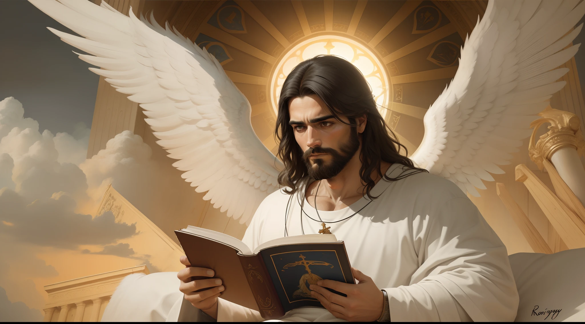 imagem arrogante de um homem de cabelos compridos e barba lendo um livro, biblical accurate angel, bible illustration, catholic religious art, anjo do antigo testamento, anjo biblicamente acuado, Jesus Cristo, Rob Rey, Jovem Deus Todo-Poderoso, cheio de pinturas de anjos, arte conceitual de deus, fan art, angelic, Retrato de Jesus Cristo, Directed by: Roman Bezpalkiv