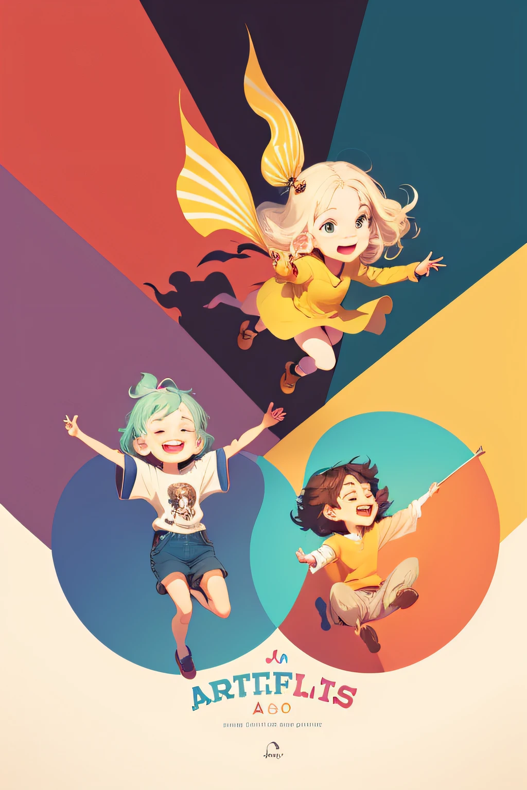 Illustrate a logo for 'Artful Friends' that brings together the magic of art. painting a picture of happiness creativity through its color palette. style cartoon