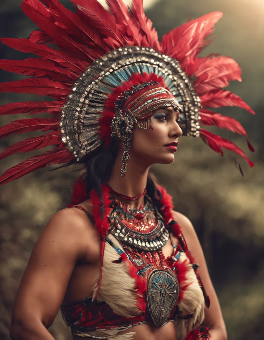 young and beautiful amazon india, white bikini, red feather headdress, full body, bare feet, photography for fashion catalog, light studio background, front lighting, super detail, accurate, high detail, anatomically correct