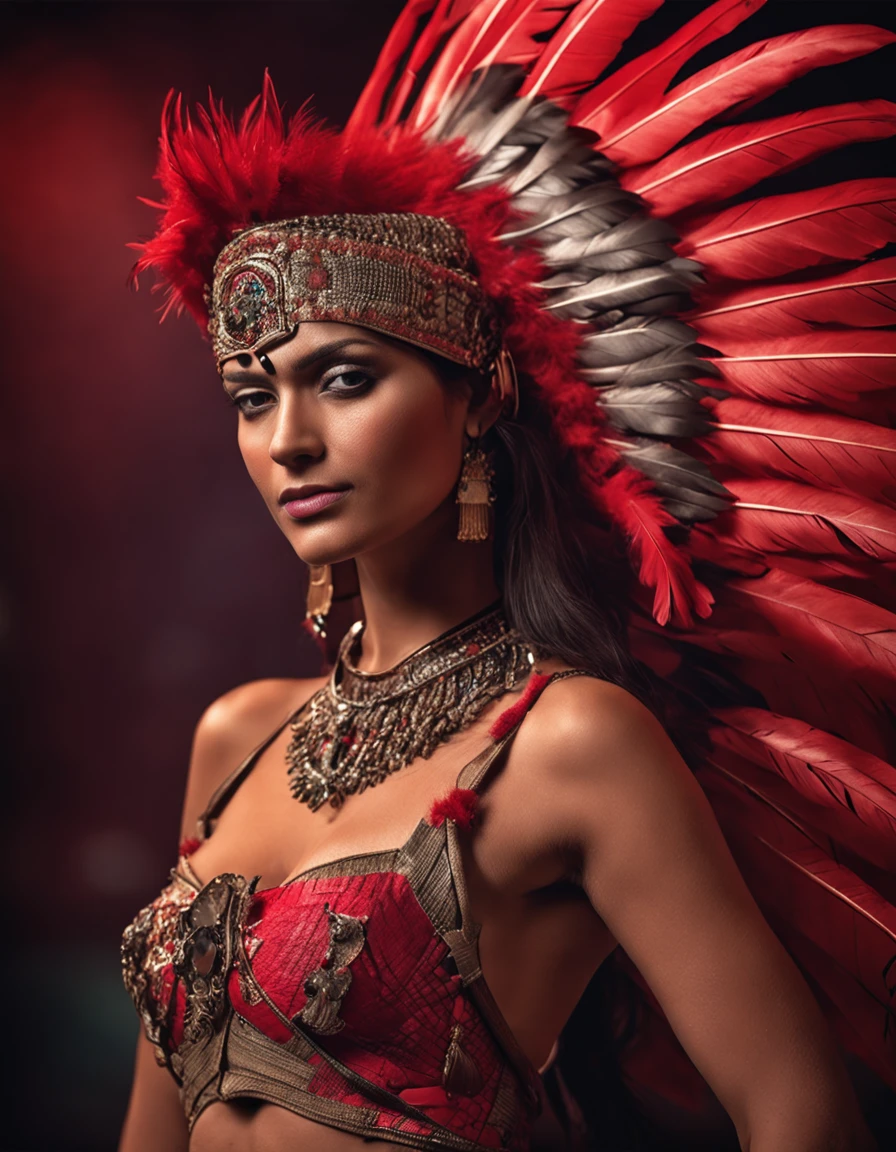 young and beautiful amazon india, white bikini, red feather headdress, full body, bare feet, photography for fashion catalog, light studio background, front lighting, super detail, accurate, high detail, anatomically correct