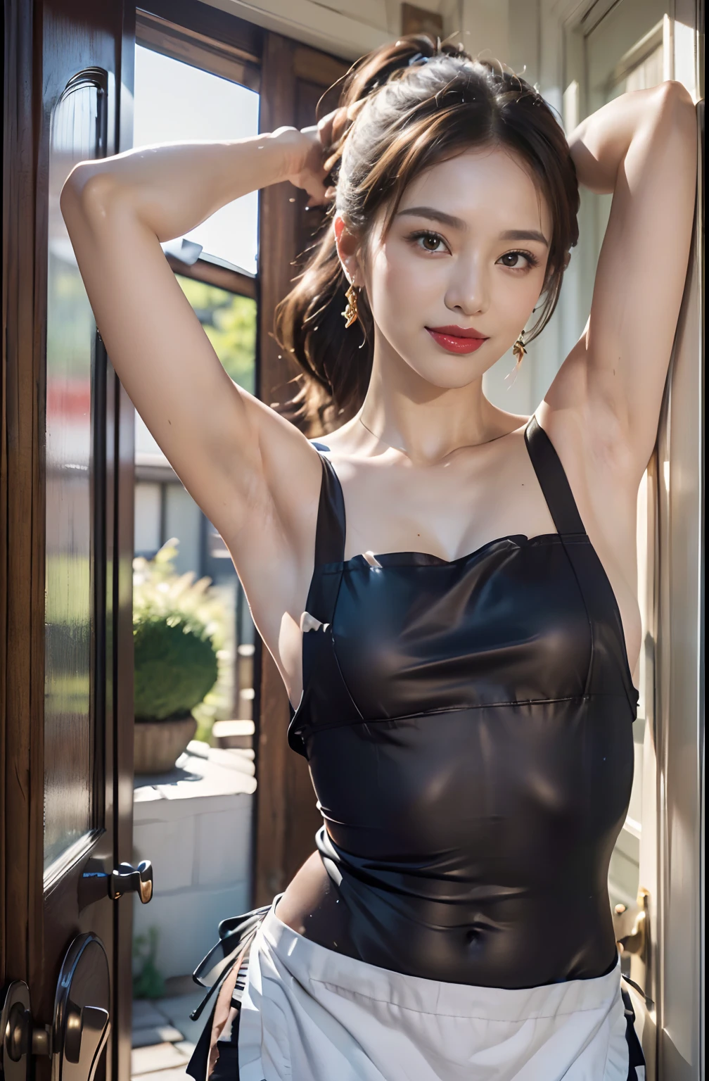 ((Wear a short apron naked、Apron in small size、The lower part of the chest is always visible、Stomach and navel visible、Raise your hand to show your armpits、Show underarms、Ultra-realistic armpits、Armpit、Navel、Detailed armpit wrinkles、Stand up straight、realistic navel、The length of the apron is a short apron with a waist length、Detailed armpit pores、Realistic armpit skin、Black armpit skin、Detailed and realistic armpits、armpit pose、The front door is open、gazing at viewer、smil、Full body armpits standing facing the viewer、Show both armpits、Naked in a waist short apron、Stand straight facing the front、Show armpits、Stand at the front door of the house、Watched over by a pizza delivery man、Stand in front of the delivery man at the front door of your house)), (illustratio), (hight resolution), (8K), (ighly detailed), (The best illustrations), (armpit pose、Raise your hands in a bare apron to show your armpits、beatiful detailed eyes), (top-quality), (ultra-detailliert), (masterpiece), (wall-paper), (详细的脸、red lipsticks), (A smile、((40 years,red lipsticks,femele,Show realistic armpits))、Brown hair,high-ponytail Hairstyle,((Wear only an apron、Show the navel、Show armpits)), japanes,(Slim body、Small)