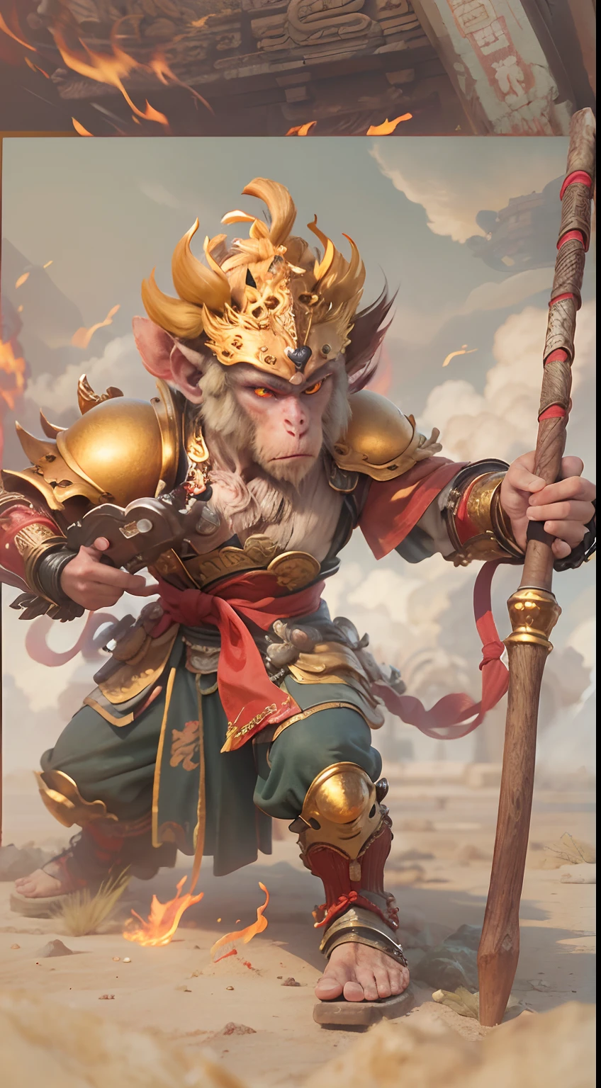 1个Monkey King，Monkey King holds Golden Cudgel，((Fire-eyed golden eyes:1.5))，((Complete Golden Cudgel)),Put on the Flame Armor，Fighting posture，Red ribbon，Clouds of flame under your feet,tmasterpiece，((The background is the Forbidden City, an ancient city in the East))，Cloud fog，8K，high definition resolution，Detailed detail drawing，very photoreal，