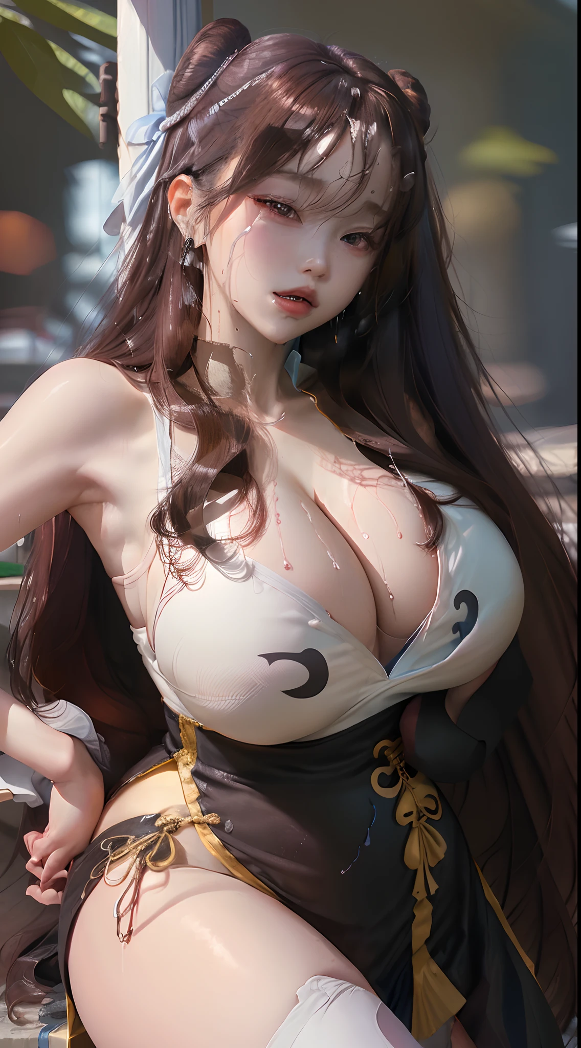 (top-quality、4K、masterpiece:1.3)、Beautie、A hyper-realistic、1girl in、(huge-breasted、Heavy Aureola visible on、The attractive body of the milk fontaine:1.2)、abdominals:1.1、(Wet with rain、a wet body:1.2)、hyperdetailed face、Detailed lips、A detailed eye、二重まぶた、hanging breasted、 Visible curves、qipao dress、Kung Fu Musume、Sleeveless、darkblue hair