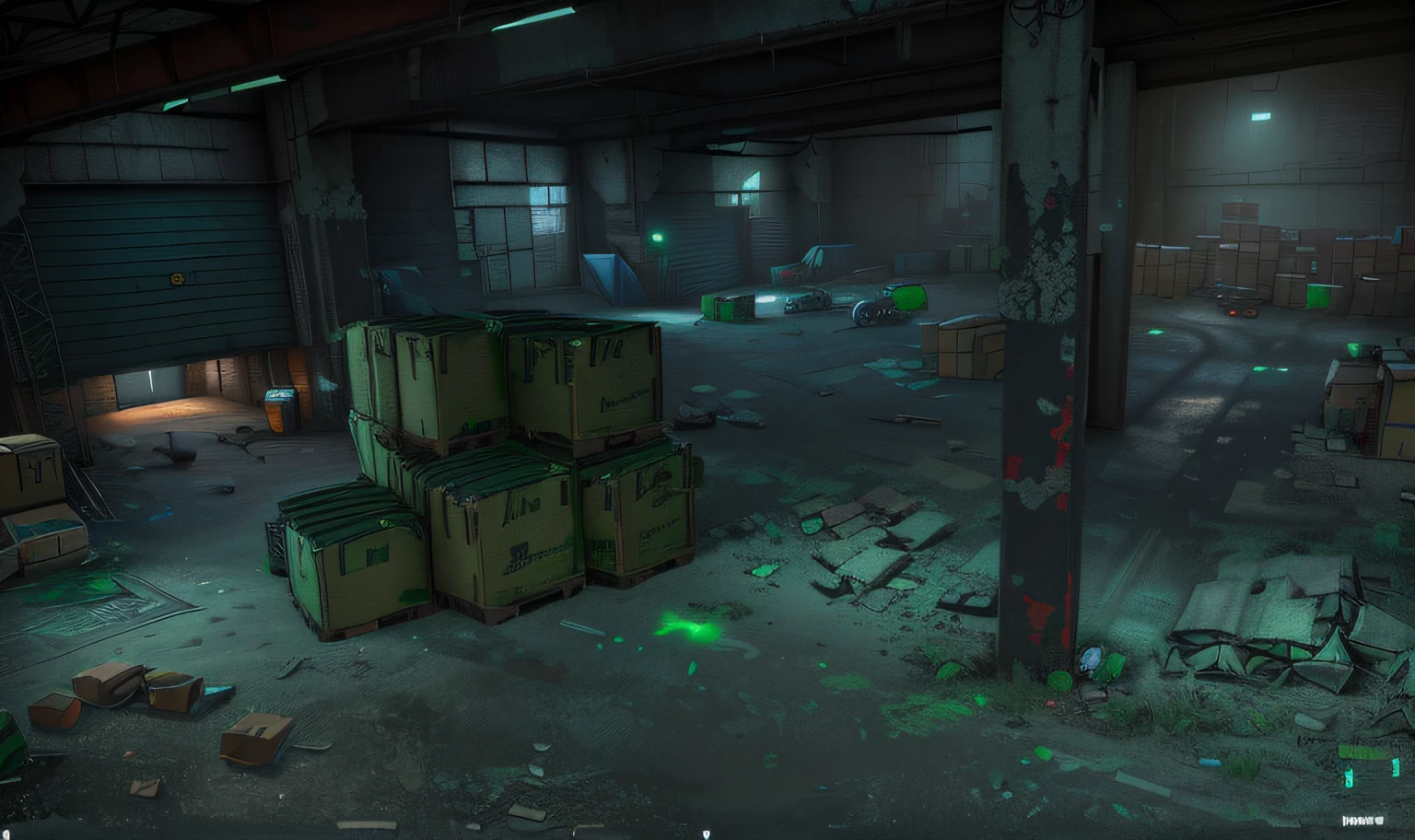 Empty warehouse background with green light in the middle and background, B - game, In the game, Location ( slum _ wallside ), In the game, background is a slum, boxes and trash in the background, Inside the gangster shelter, [[empty warehouse]] Background, Remastered chromatic aberration, ingame image, Screenshot of interior gameplay