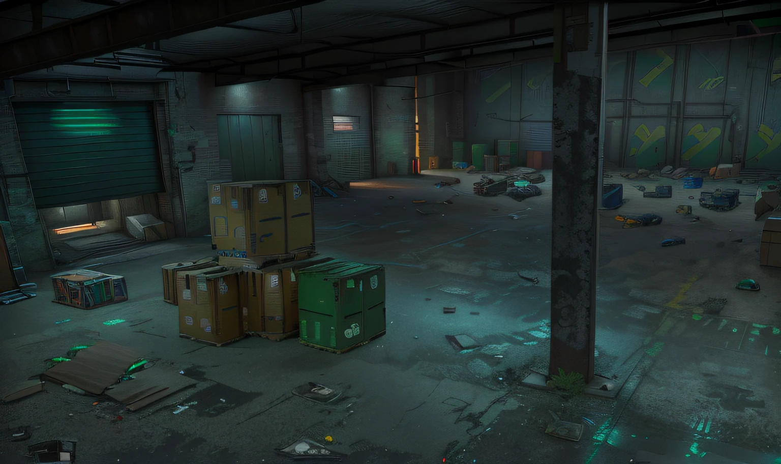 Empty warehouse background with green light in the middle and background, B - game, In the game, Location ( slum _ wallside ), In the game, background is a slum, boxes and trash in the background, Inside the gangster shelter, [[empty warehouse]] Background, Remastered chromatic aberration, ingame image, Screenshot of interior gameplay