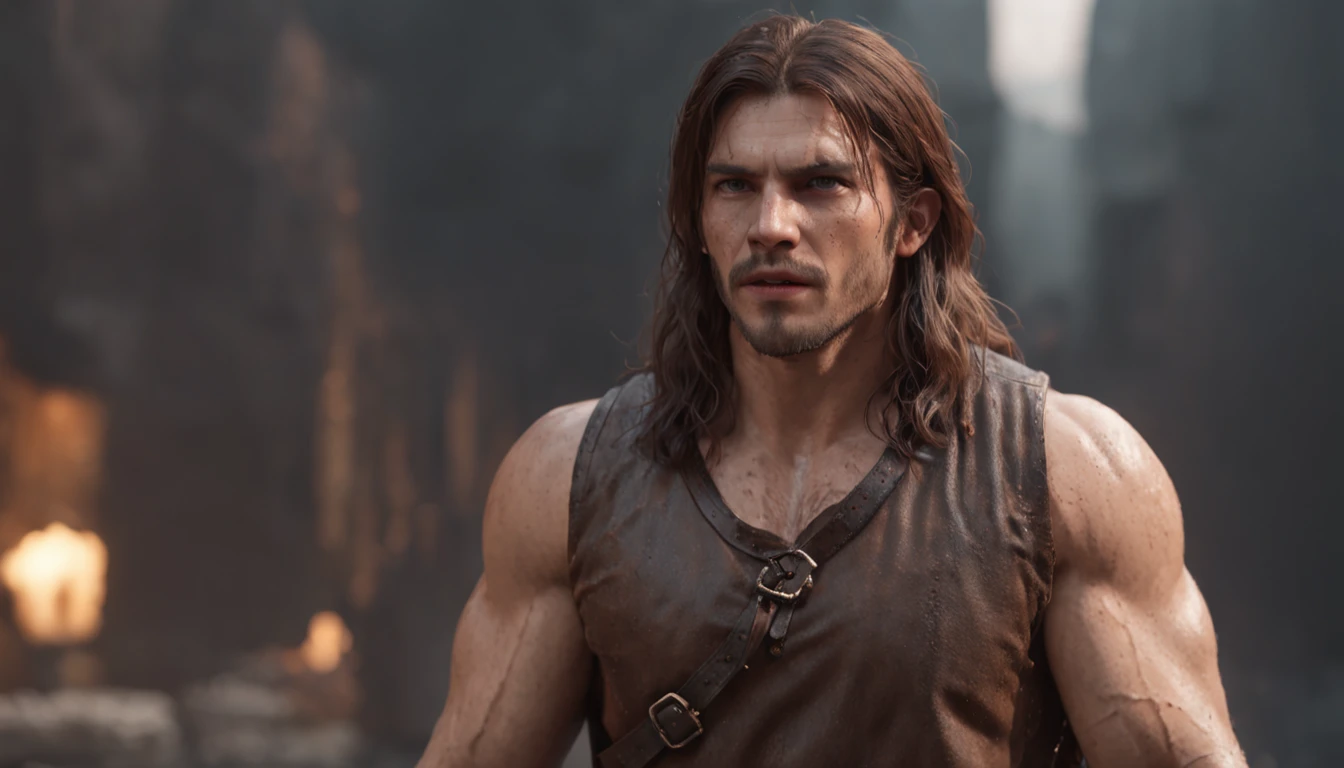 (professional 3d render:1.3) af (Realistic:1.3) most beautiful artwork photo in the world,Features soft and shiny male heroes, ((Epic hero fantasy muscle man rough wet hero angry look long hair short beard and ferocious expression in dynamic pose, Fantastic location, Majestic cluttered environment)), full body 8k unity render, action shot, skin pore, very dark lighting, heavyshading, Detailed, Detailed face, (vibrant, photograph realistic, Realistic, Dramatic, Dark, Sharp focus, 8K), (Old leather garments damaged by weathering:1.4), ((((Wear fur)))), (Intricate:1.4), decadent, (Highly detailed:1.4), Digital painting, rendering by octane, art stations, concept-art, smooth, Sharp focus, illustration, Art germ, (loish:0.23), wlop ilya kuvshinov, and greg rutkowski and alphonse mucha gracias, (Global illumination, Studio light, volumettic light), heavy rain, particles floating, lotr, fantasy, elf, full bodyesbian, ((Dark and ancient city background:1.3)),CGSesociety,art stations