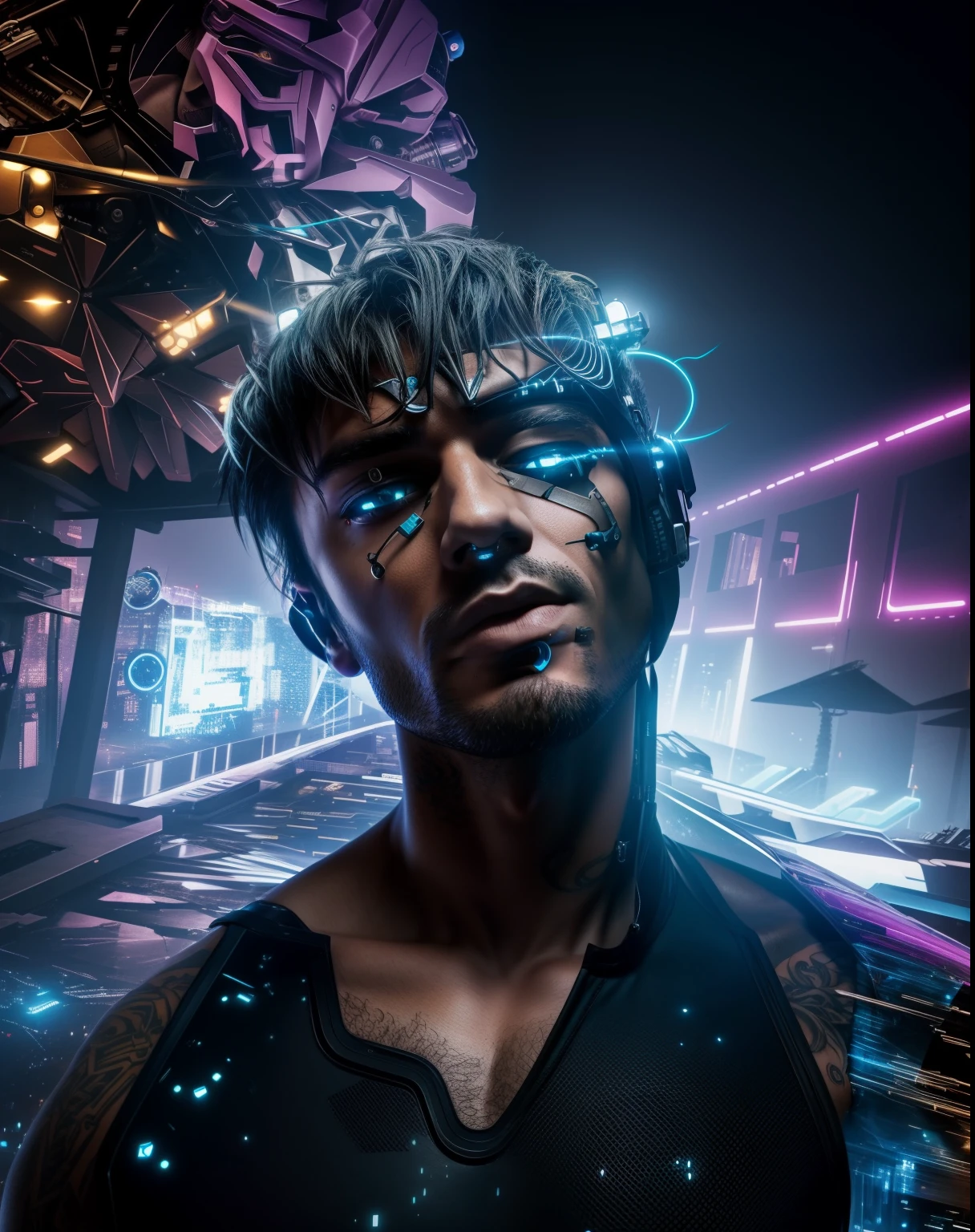 Change background cyberpunk handsome, Futuristic depiction of a perfectly tattooed man with high-tech mechanical prosthetics