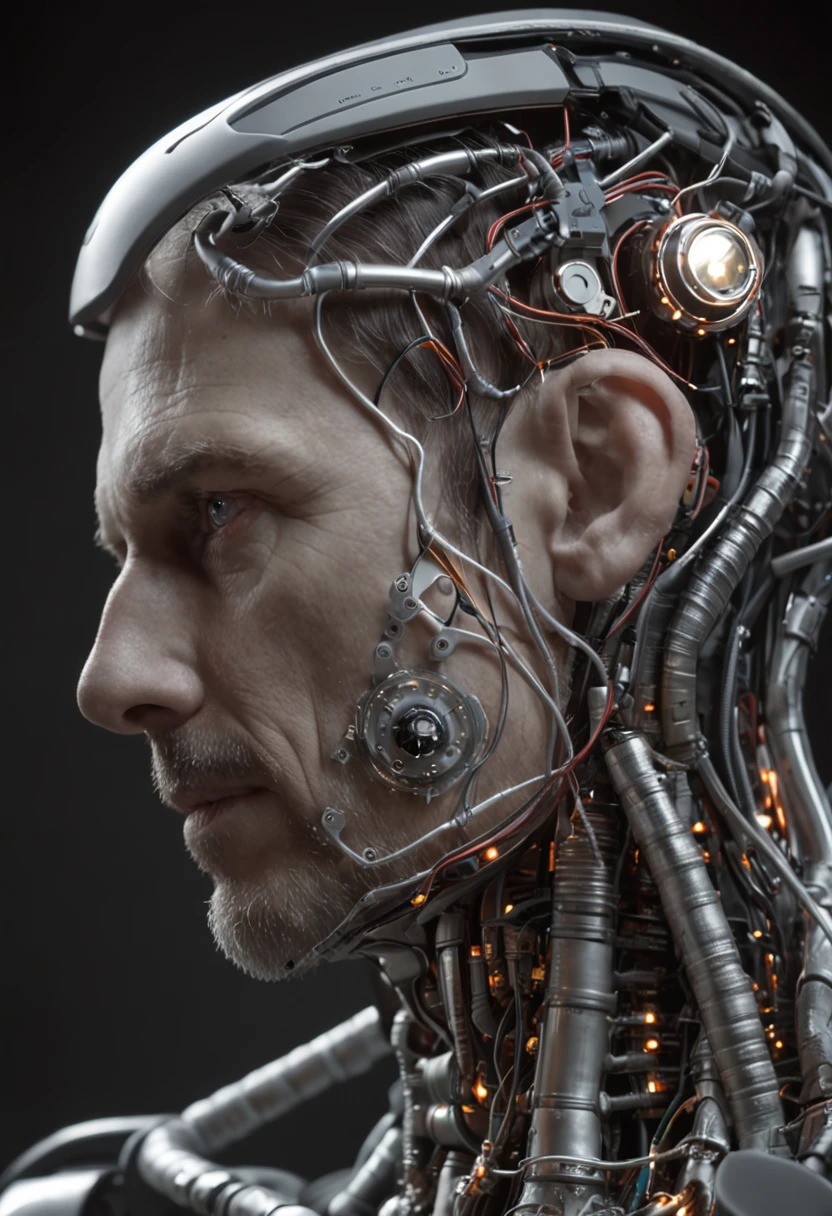 (((um homem))), master part, extremamente detalhado, melhor qualidade, With biomechanical suits, (metal skin with electronic circuits: 1.2), extremamente detalhado, intricate with lights and luminous electronic circuits, (como Dr. Gregory House:1.4). (8k, qualidade superior, melhor qualidade, obra-prima, altamente detalhado: 1.2), (de meio corpo:1.3)