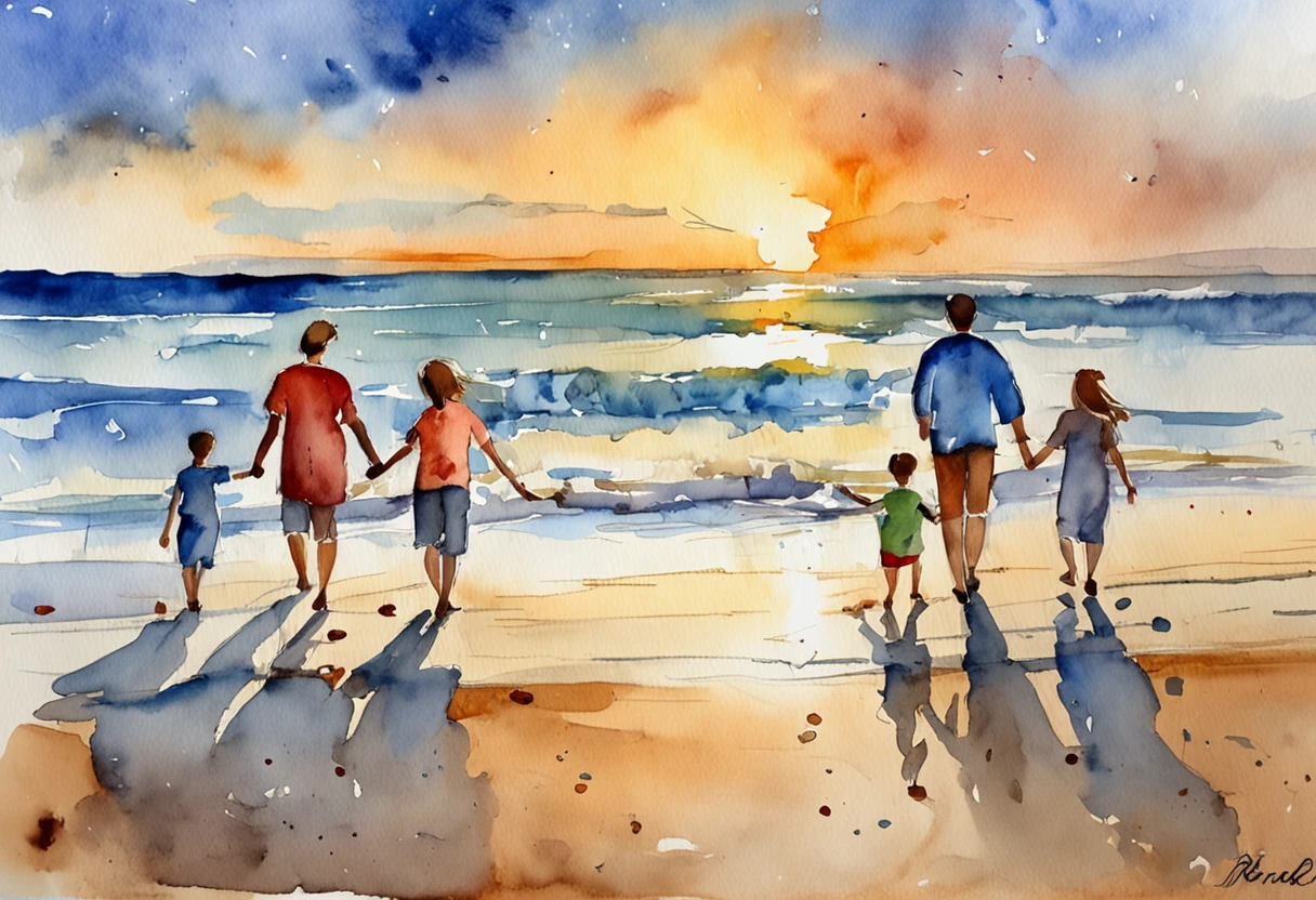 arafed family walking on the beach at sunset holding hands, on the beach during sunset, standing on the beach at sunset, on the beach at sunset, standing near the beach, family friendly, walking on the beach, happy family, pixabay, family, at the beach on a sunset, at beach at sunset, lonely family, standing at the beach