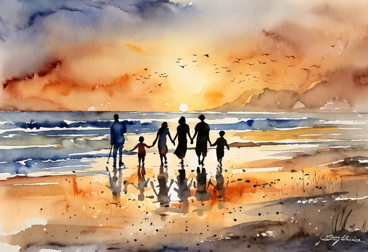 arafed family walking on the beach at sunset holding hands, on the beach during sunset, standing on the beach at sunset, on the beach at sunset, standing near the beach, family friendly, walking on the beach, happy family, pixabay, family, at the beach on a sunset, at beach at sunset, lonely family, standing at the beach