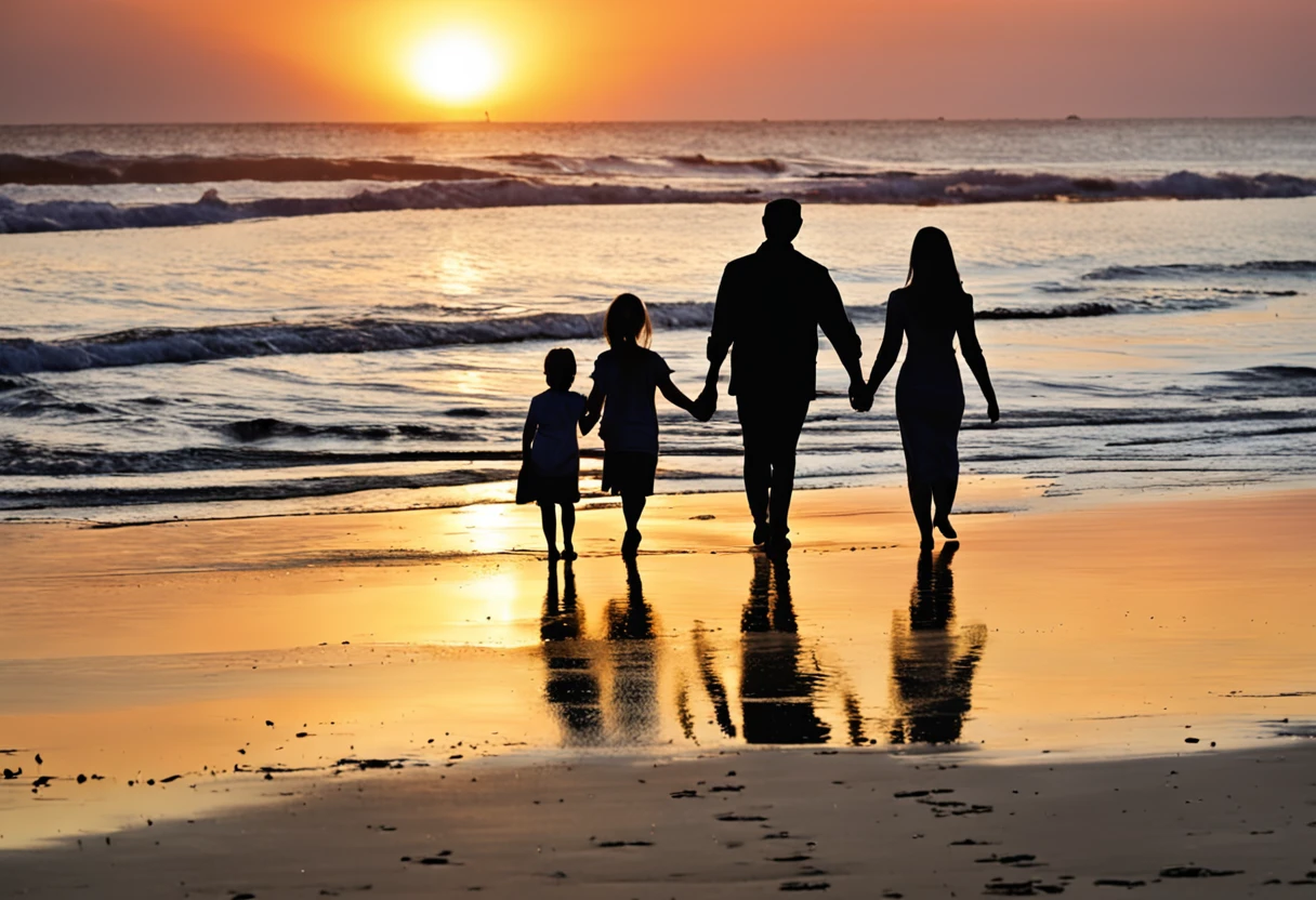 arafed family walking on the beach at sunset holding hands, on the beach during sunset, standing on the beach at sunset, on the beach at sunset, standing near the beach, family friendly, walking on the beach, happy family, pixabay, family, at the beach on a sunset, at beach at sunset, lonely family, standing at the beach