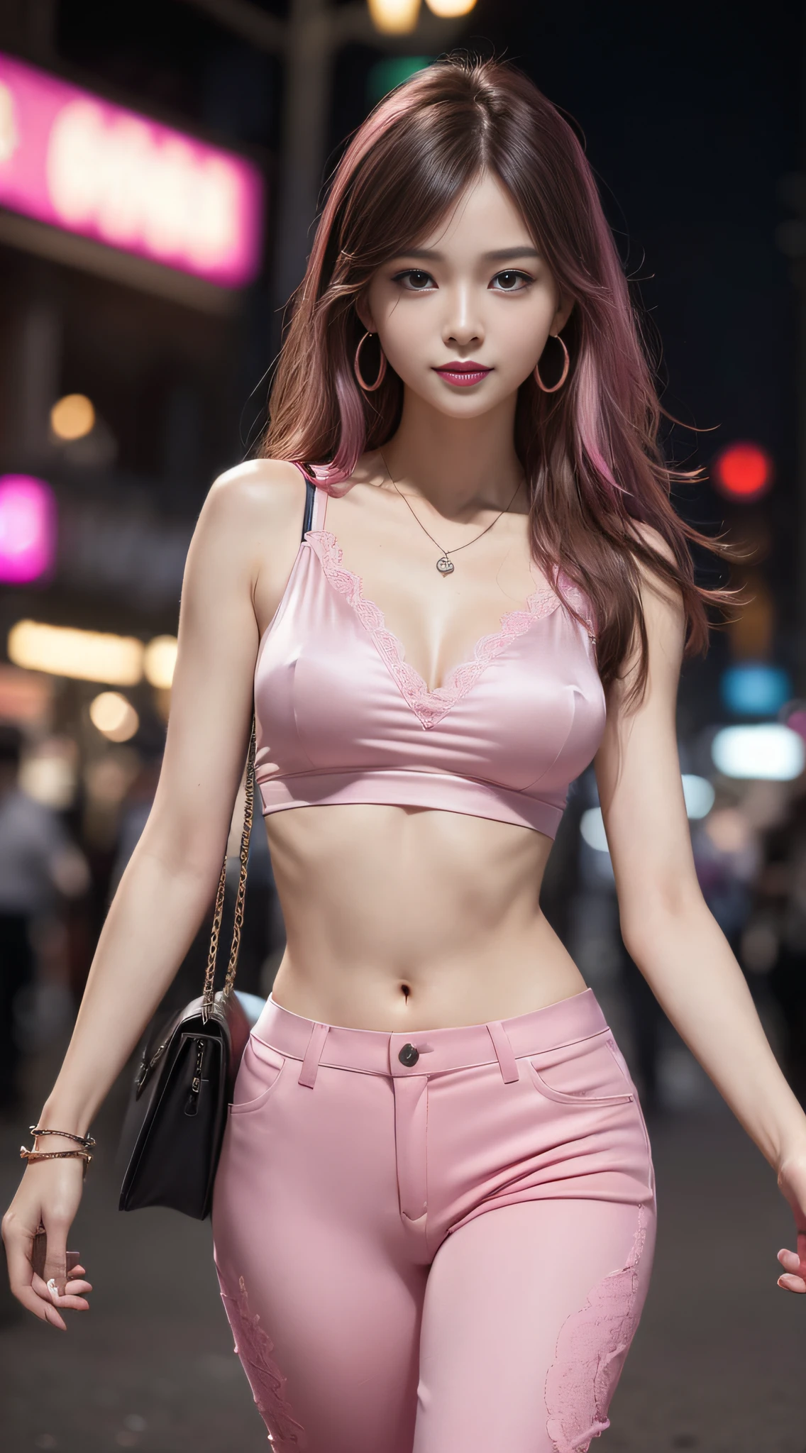 8k, masterpiece, RAW photo, best quality, photorealistic, extremely detailed CG unity 8k wallpaper, Depth of field, Cinematic Light, Lens Flare, Ray tracing, (extremely beautiful face, beautiful lips, beautiful eyes), intricate detail face, ((ultra detailed skin)) 1girl, in the dark, deep shadow, pretty korean girl, kpop idol,(very slim slender fit-muscled body:1.3), ((looking at viewer)),(big smile:1.3), (city night, dark night, midnight , ((blurry background)), (neon sign), (soft light), (without people in the background:1.3), pretty korean girl, earrings, bracelets, necklace, pantyhose, clear eyes, walking , front shot, (pale skin), face forward, (big eyes), upper body shot, ((silk Laced top)), ((hot pink color pants:1.3)), (tight pants), (brown hairs) (looking at viewer:1.3), (see through), open breast, medium breasts, slender fit-muscled body, hermes bag, (camel toe)