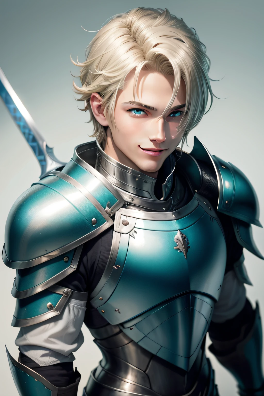 Blonde male knight with refreshing smile　blue eyess　a smile　Metallic green and silver armor　With a short sword　Round shield on the back