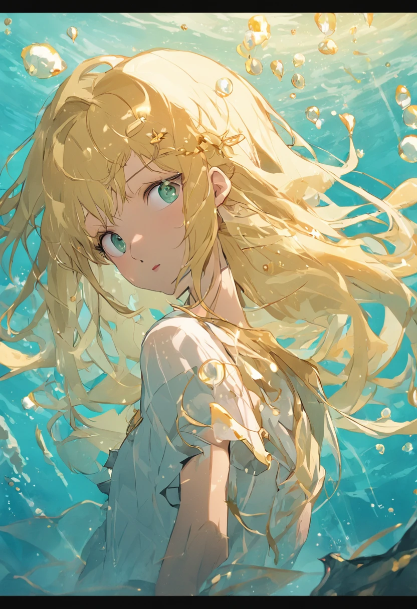 Undersea shell house Flying strands of hair, Colorful bubbles, A plant, Sparkling, ocean floor ( reasonable design, Clear lines, High sharpness, Best quality, Very detailed, Masterpiece, movie light effect, 4K ) Woman, solo, long hair, smile, under breasts, gold blonde hair, hair straight messy, curly hair, yellow gold colored eyes, full-body, yellow eyes