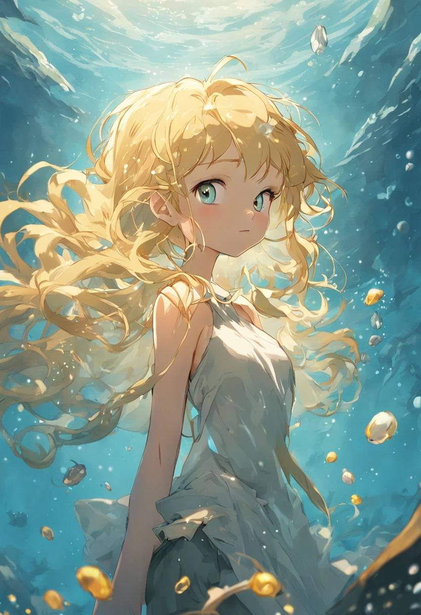 Undersea shell house Flying strands of hair, Colorful bubbles, A plant, Sparkling, ocean floor ( reasonable design, Clear lines, High sharpness, Best quality, Very detailed, Masterpiece, movie light effect, 4K ) Woman, solo, long hair, smile, under breasts, gold blonde hair, hair straight messy, curly hair, yellow gold colored eyes, full-body, yellow eyes
