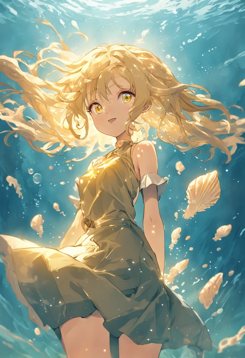 Undersea shell house Flying strands of hair, Colorful bubbles, A plant, Sparkling, ocean floor ( reasonable design, Clear lines, High sharpness, Best quality, Very detailed, Masterpiece, movie light effect, 4K ) Woman, solo, long hair, smile, under breasts, gold blonde hair, hair straight messy, curly hair, yellow gold colored eyes, full-body, yellow eyes