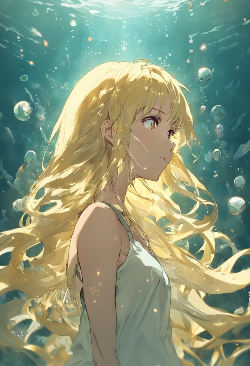 Undersea shell house Flying strands of hair, Colorful bubbles, A plant, Sparkling, ocean floor ( reasonable design, Clear lines, High sharpness, Best quality, Very detailed, Masterpiece, movie light effect, 4K ) Woman, solo, long hair, smile, under breasts, gold blonde hair, hair straight messy, curly hair, yellow gold colored eyes, full-body, yellow eyes