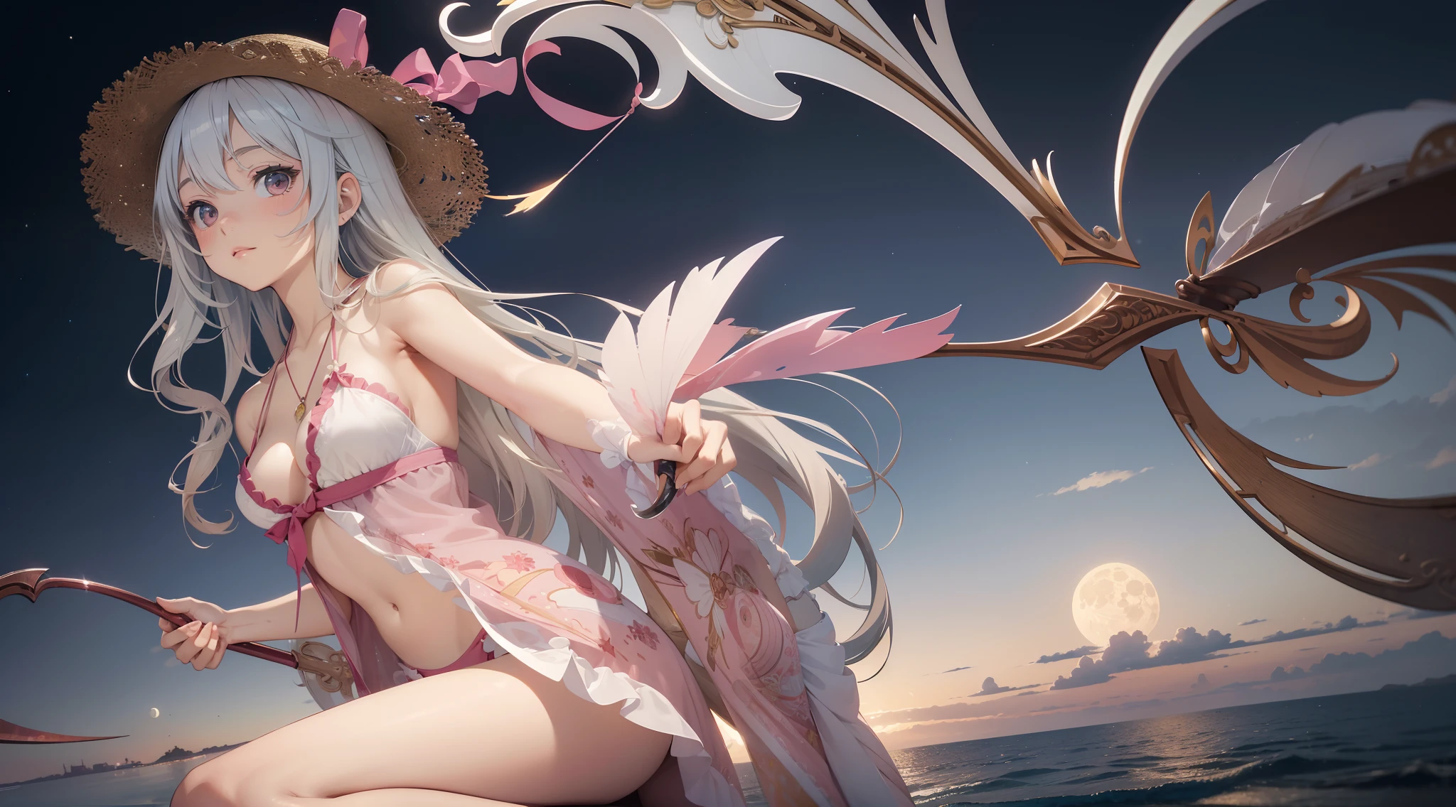 ((Best quality)), ((Masterpiece)), ((Ultra-detailed)), (illustration), (Detailed light), (An extremely delicate and beautiful), Dramatic perspective,A charming young girl,Pink swimsuit,Straw Hat Cap Topee,(Holding a large half-moon-shaped scythe),Sunset starry sky