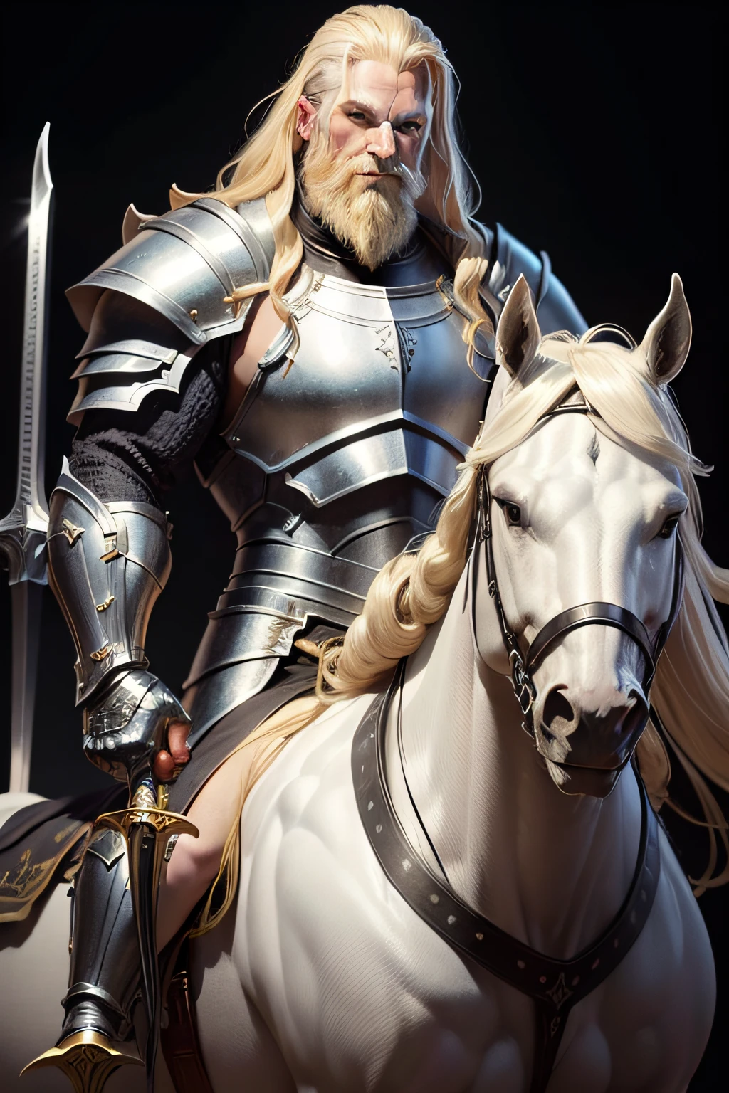 Big body a blond Smile boldly Old Demon Knight in metallic silver and black knight armor Holding a big sword Riding a white horse sharp eye long golden beard Clarify facial expressions Light balance