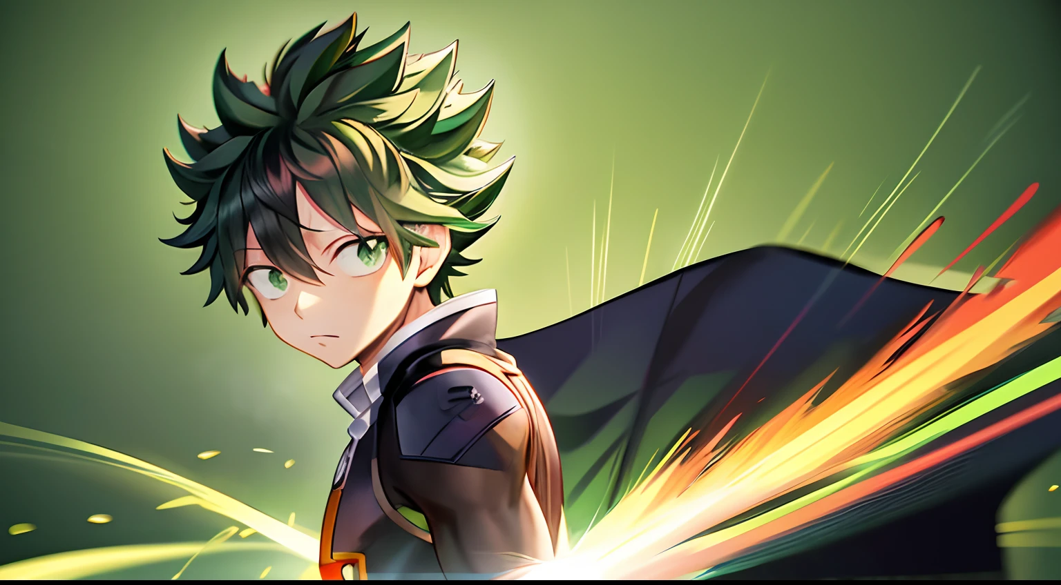 "Izuku Midoriya, My Hero Academia, muitos detalhes, cabelos pretos, High resolution hair, 4k, sombras perfeitas, cabelos escuros, olhos verdes claros em tons mais vibrantes, roupas pretas e verdes."