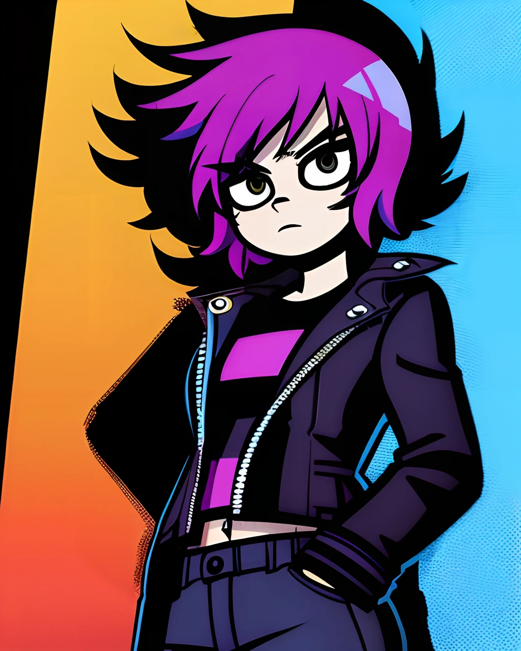 scottpilgrimvstheworld, purple hair, black jacket with a crop top underneath, male