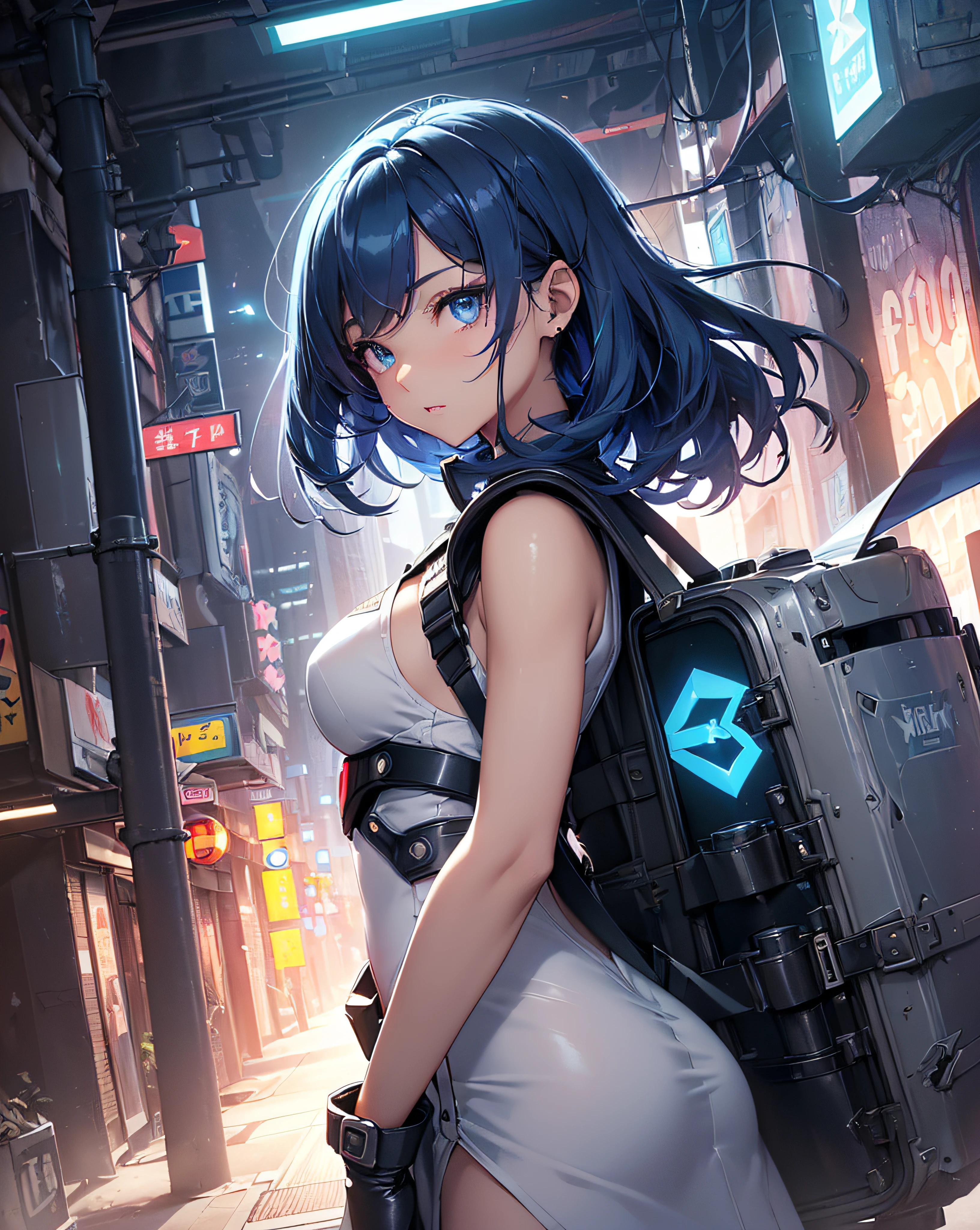 1girl, silver wolf \(honkai: star rail\), solo, cropped jacket, full body, fingerless gloves, cityscape, black shorts, eyewear on head, single fishnet sock, black footwear, thigh strap, hair ribbon, crop top, choker, drill ponytail, standing, depth of field, (extremely detailed CG unity 8k wallpaper,masterpiece, best quality, ultra-detailed:1.2), nice hands, perfect hands,  <lyco:GoodHands-beta2:1.0>